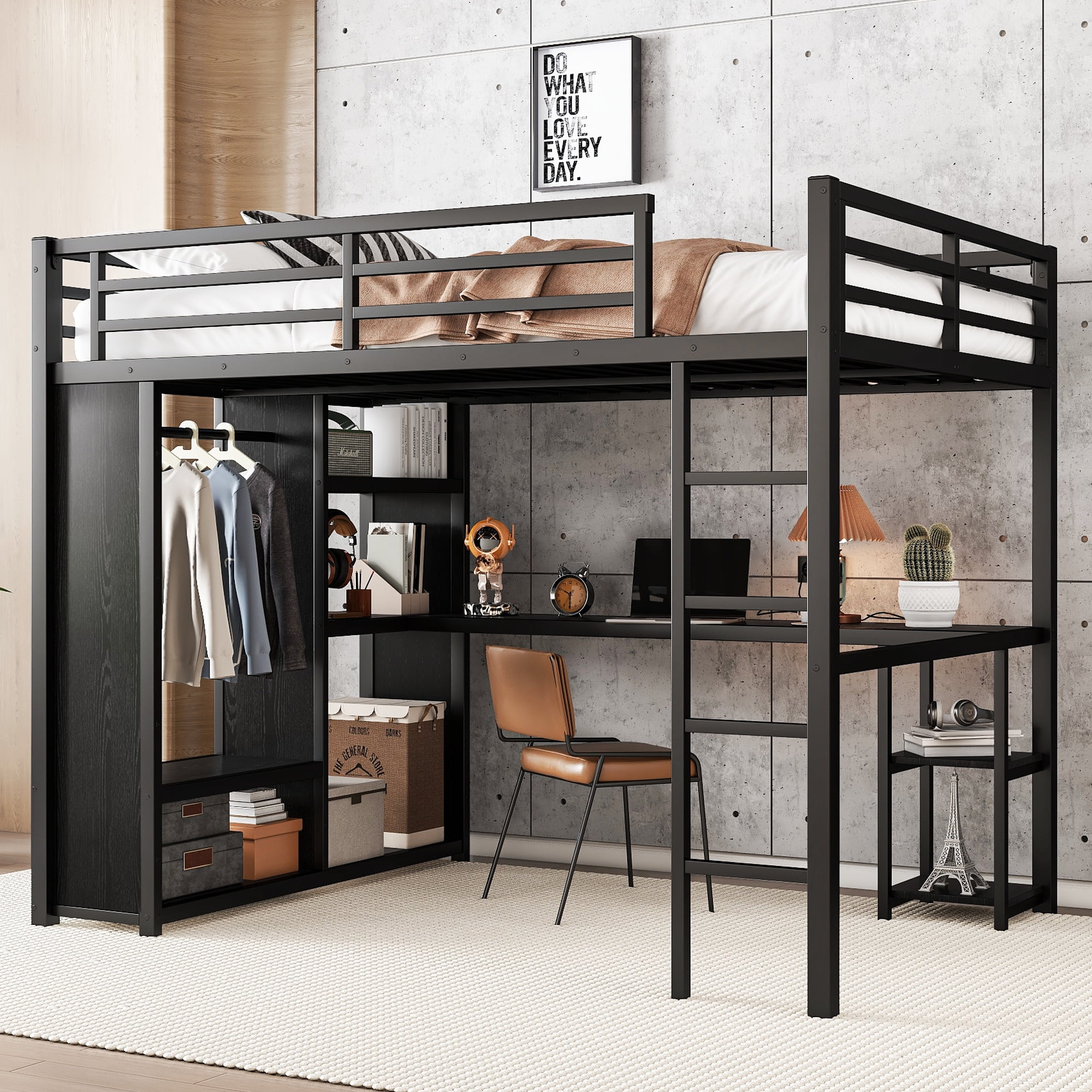 Mintazer Queen Size Loft Bed Frame with Built-in Wardrobe, Sturdy Metal Loft Bed with Desk and Storage Shelves, Black