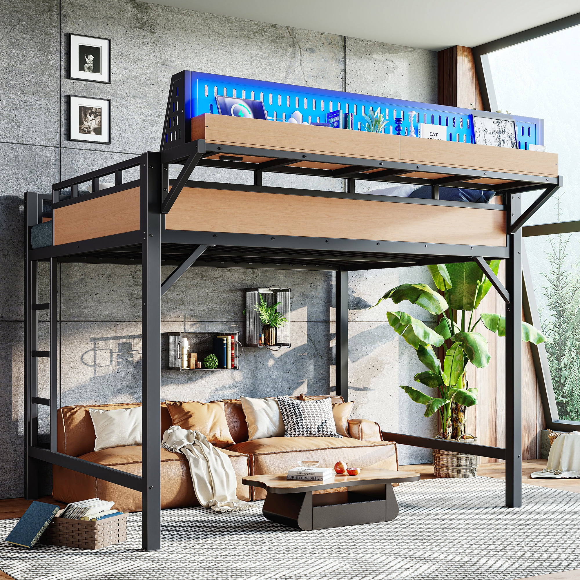 Mintazer Queen Size Loft Bed with LED Lights & Charging Station, Metal Loft Bed with Storage Shelves and Pegboard, Black & Natural
