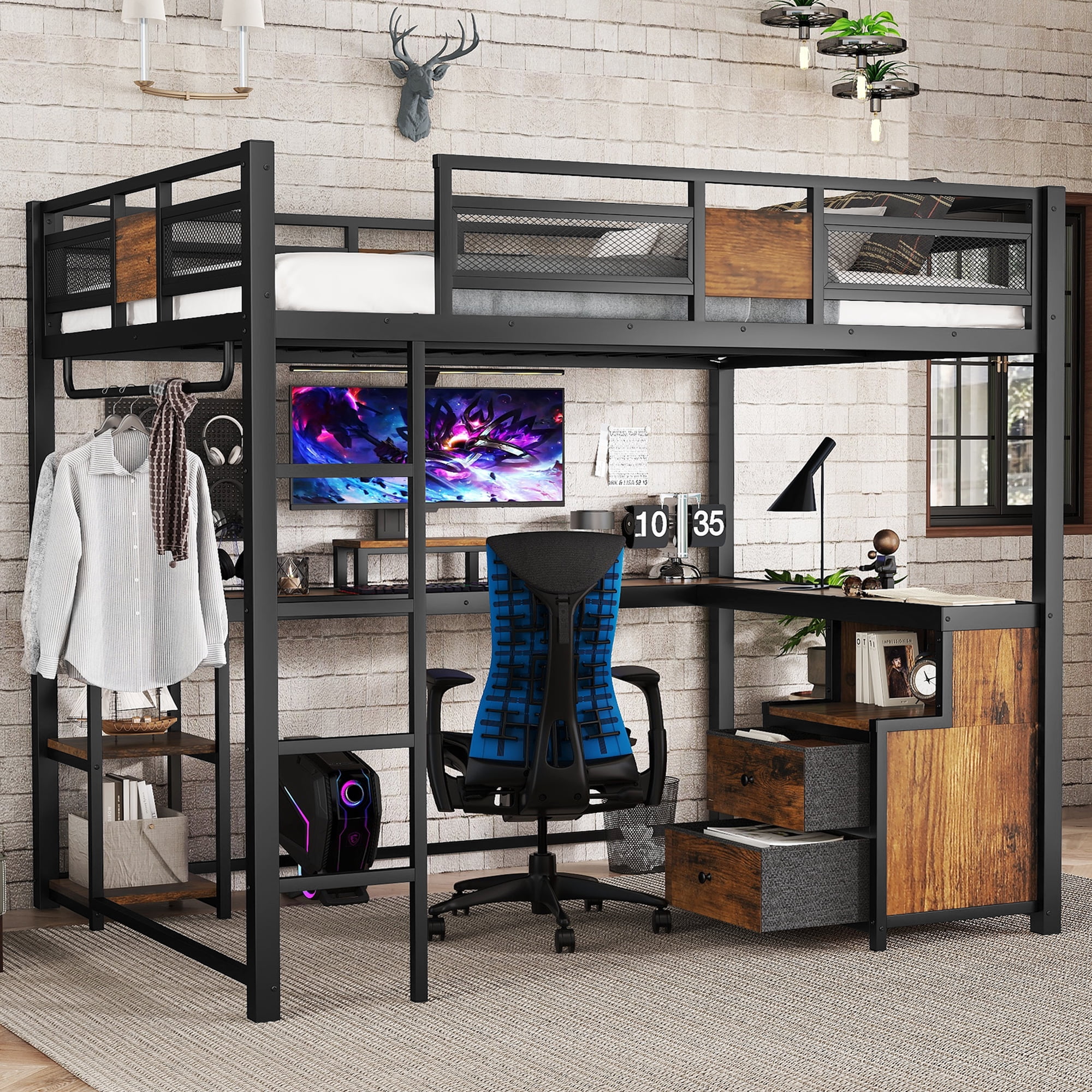 Mintazer Queen Size Metal Loft Bed with L-Shaped Desk & Storage Drawers, Loft Bed Frame with Guardrails and Ladder for Bedroom Dorm Apartment, Black & Brown