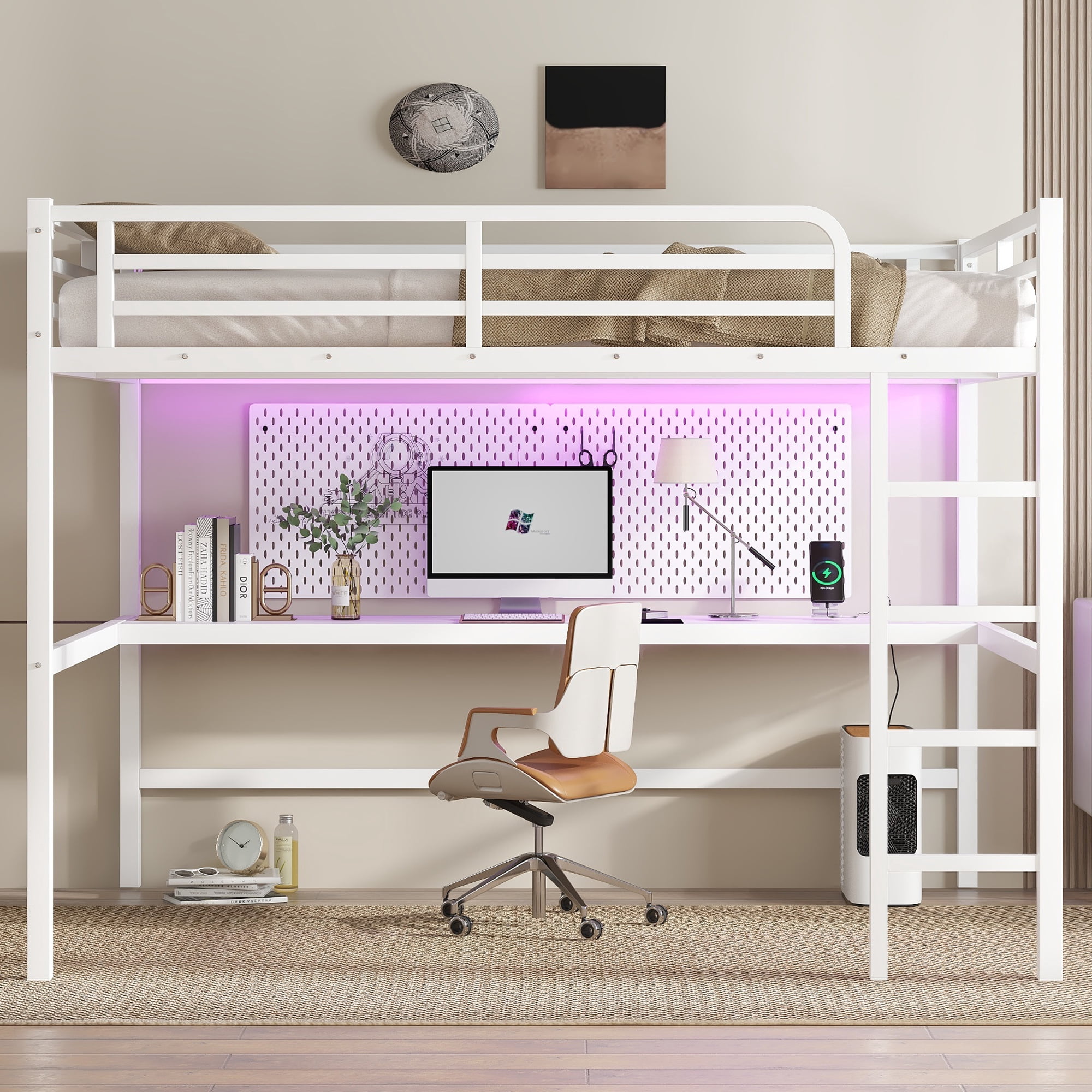 Mintazer Queen Size Metal Loft Bed with Power Outlet Desk and LED Lighted for Bedroom Furniture, White