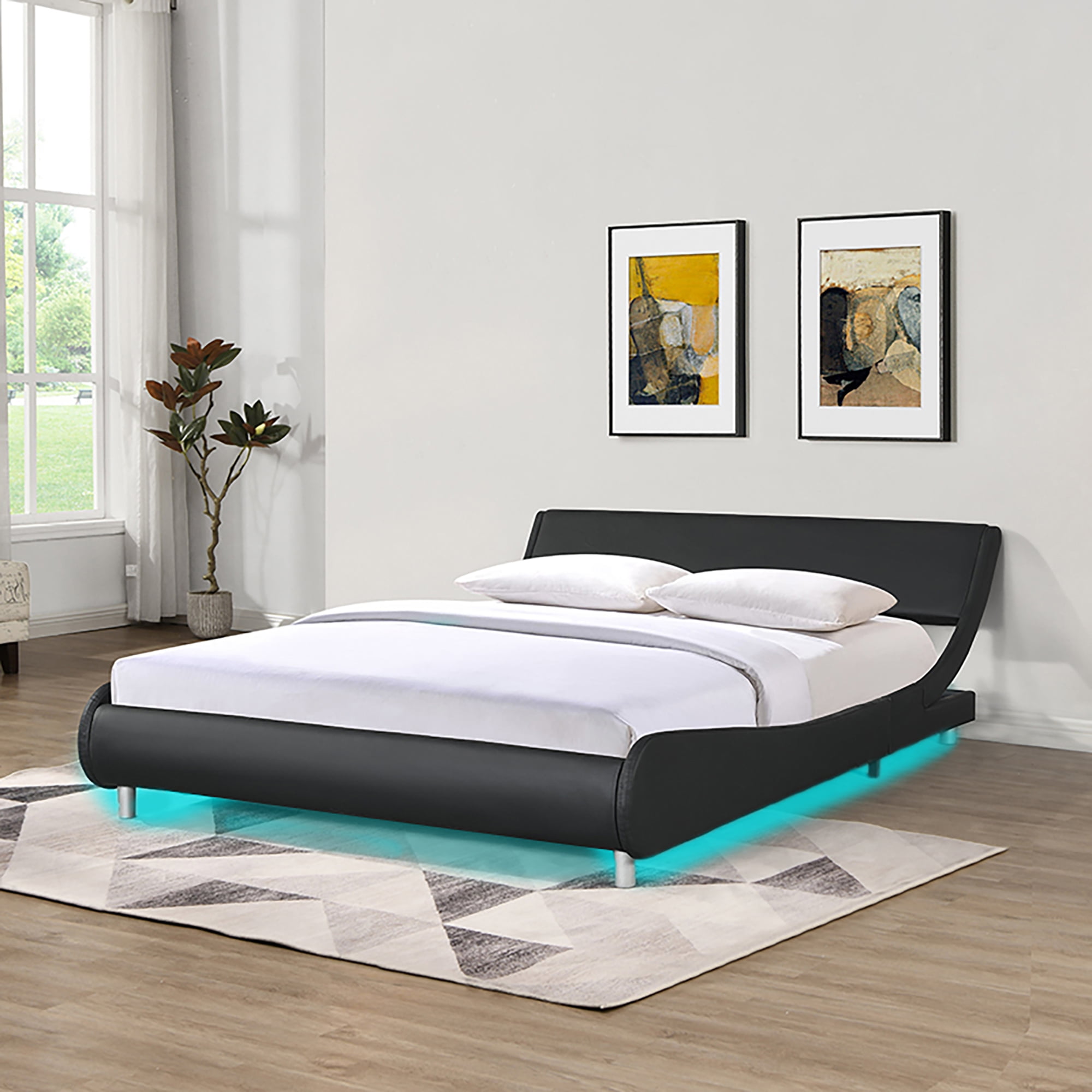 Mintazer Queen Size Modern Faux Leather Platform Bed Frame with Curved Headboard & RGB LED Under Bed Lights for Bedroom Guest Room, No Box Spring Needed, Black