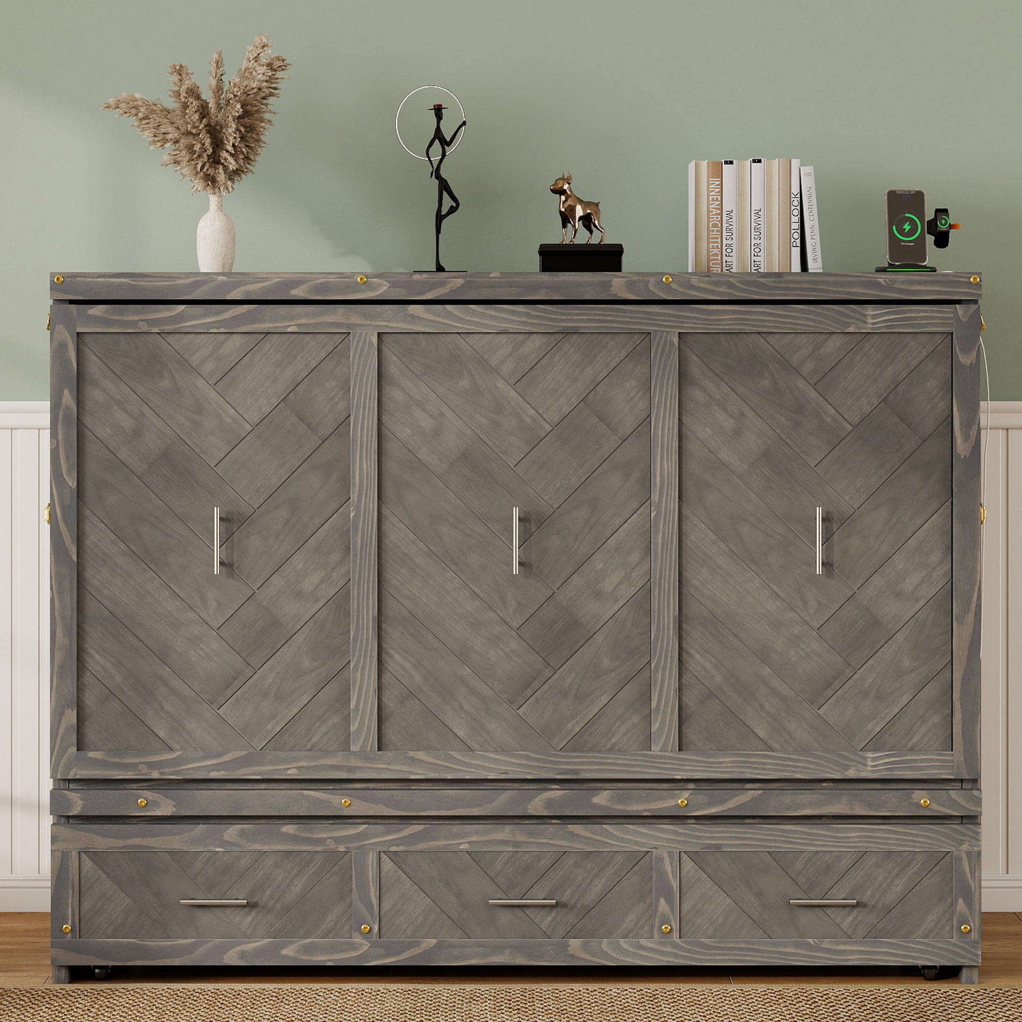 Mintazer Queen Size Murphy Bed Cabinet with Drawer & Charging Station, Farmhouse Foldable Wall Bed for Living Room Bedroom Apartment, Gray