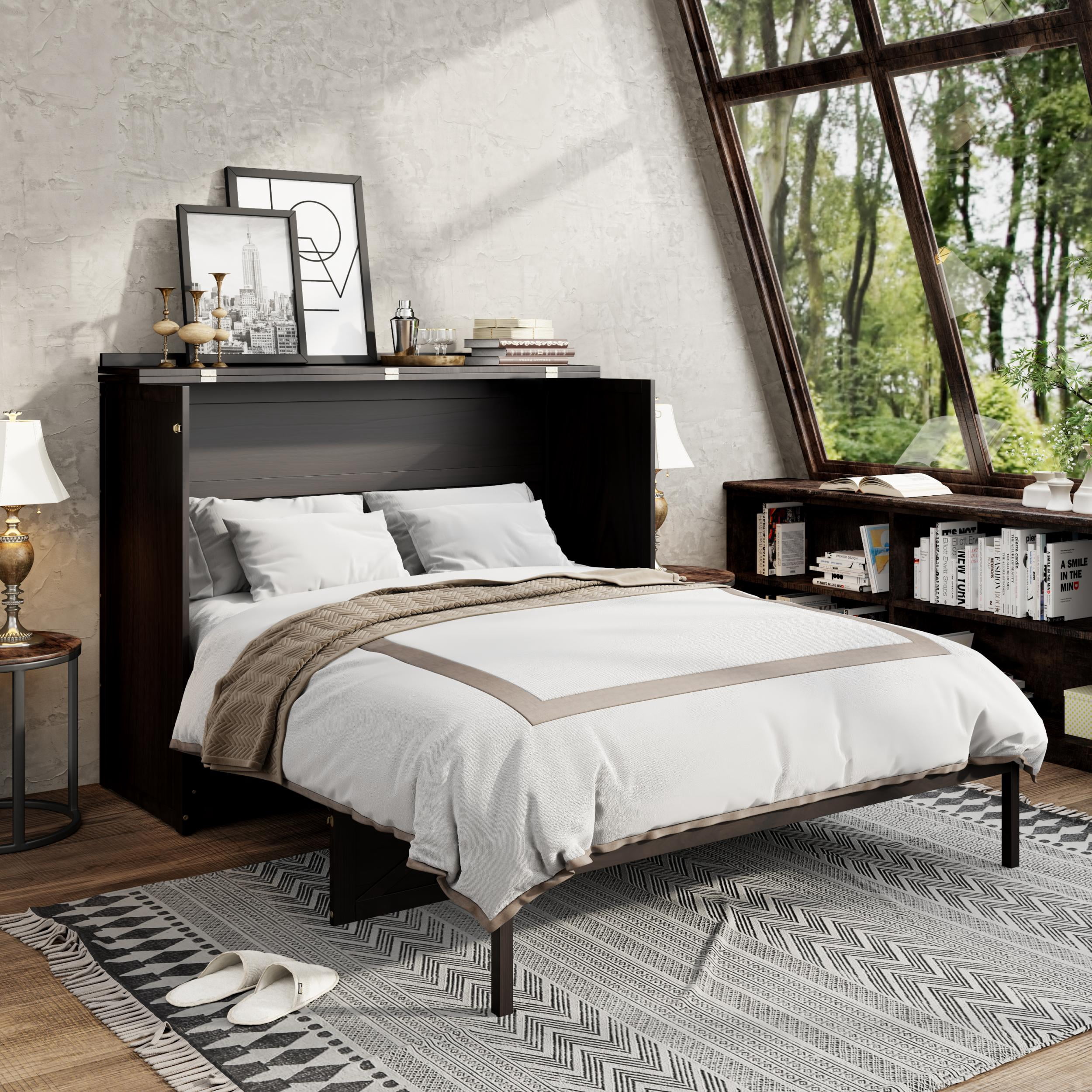 Mintazer Queen Size Murphy Bed with Charge Station & 3 Storage Drawers, Farmhouse Geometric Pattern Foldable Cabinet Wall Bed for Guest Room Small Apartment, Espresso