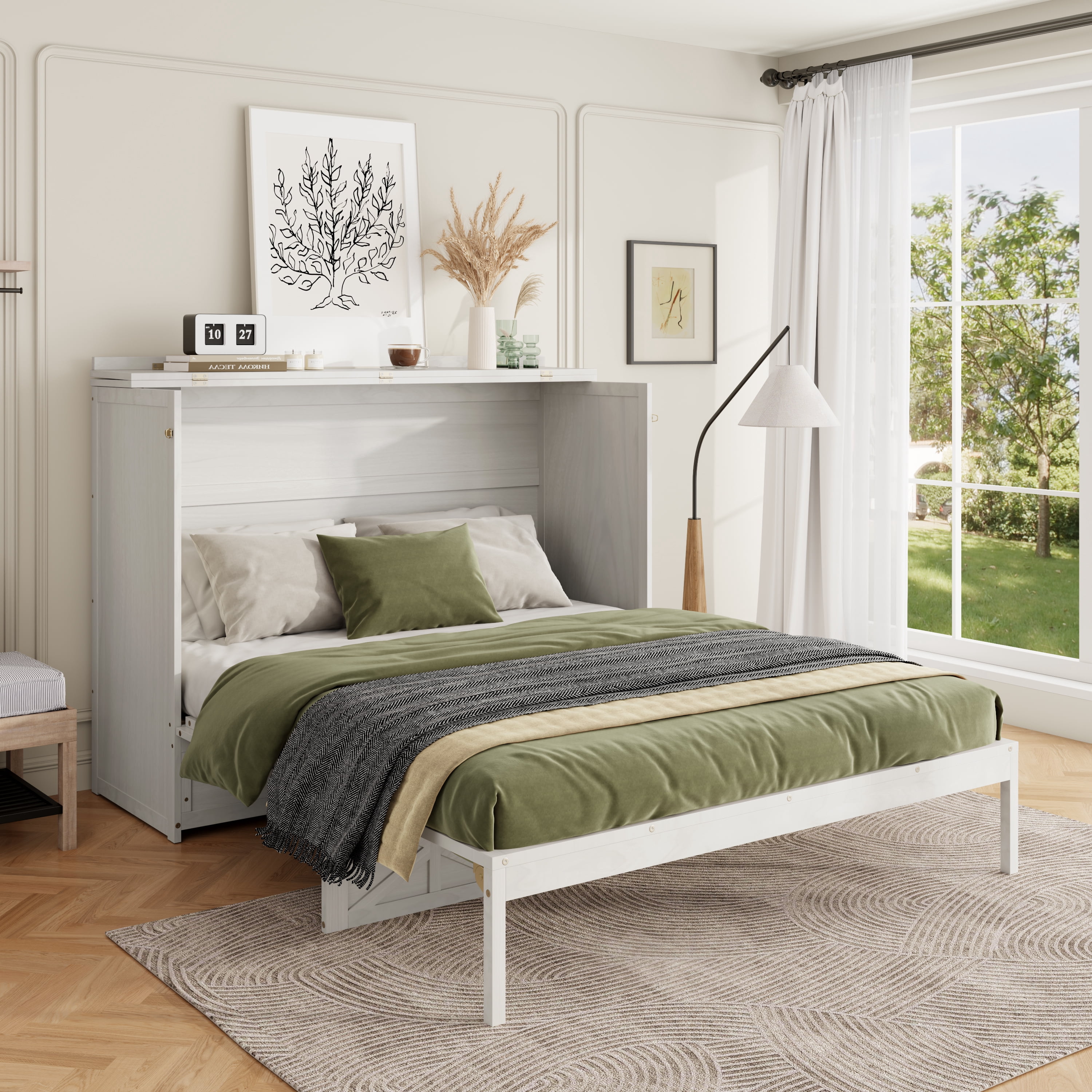 Mintazer Queen Size Murphy Bed with Charge Station & 3 Storage Drawers, Farmhouse Geometric Pattern Foldable Cabinet Wall Bed for Guest Room Small Apartment, White