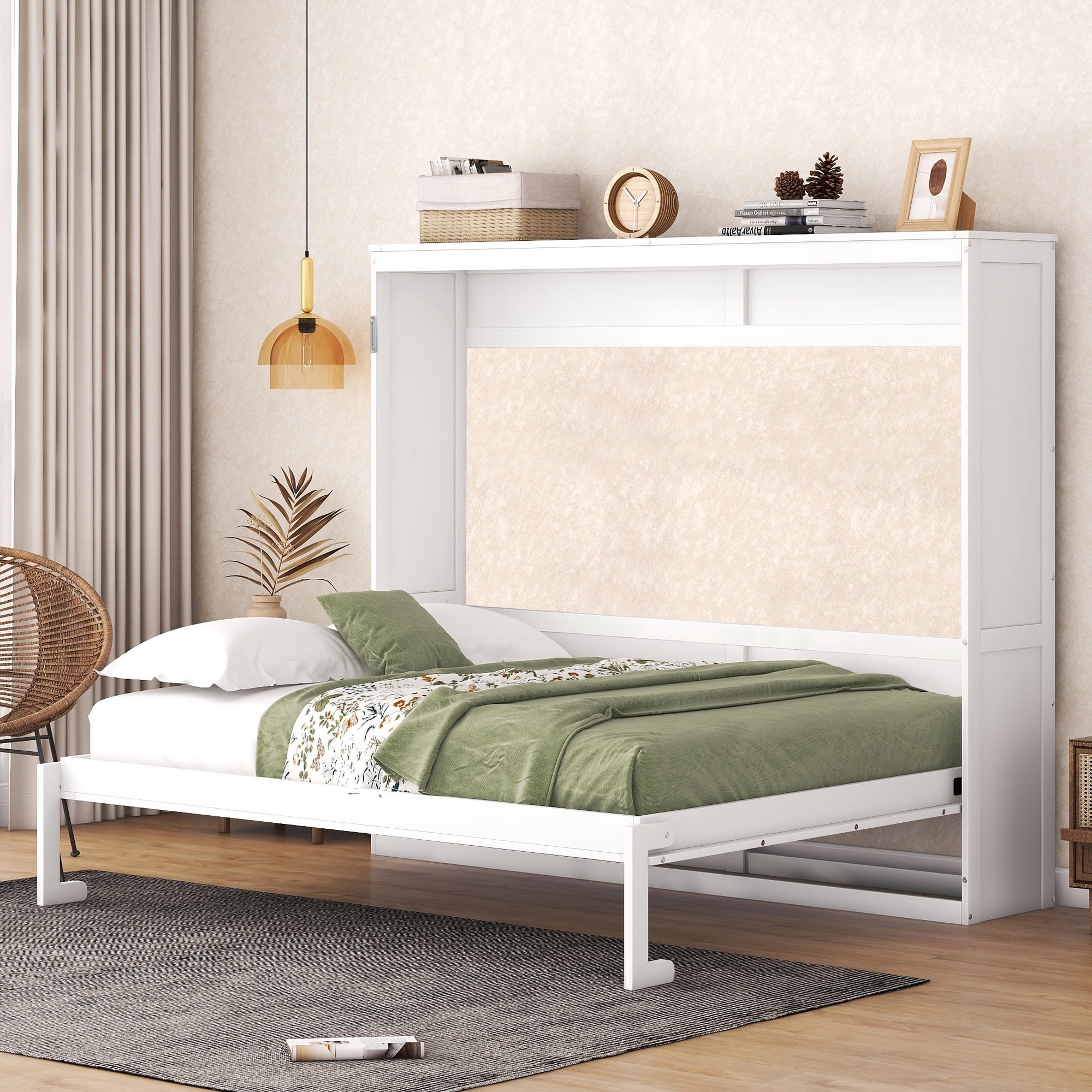 Mintazer Queen Size Murphy Bed, Modern Foldable Wall Bed with Storage Shelf for Bedroom Apartment Guest Room, White