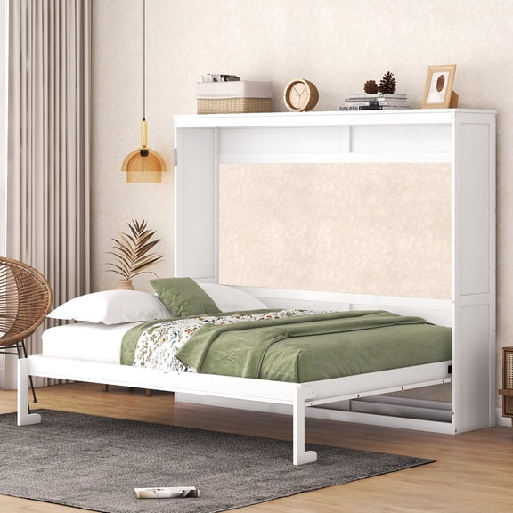 Mintazer Queen Size Murphy Bed, Modern Foldable Wall Bed with Storage Shelf for Bedroom Apartment Guest Room, White