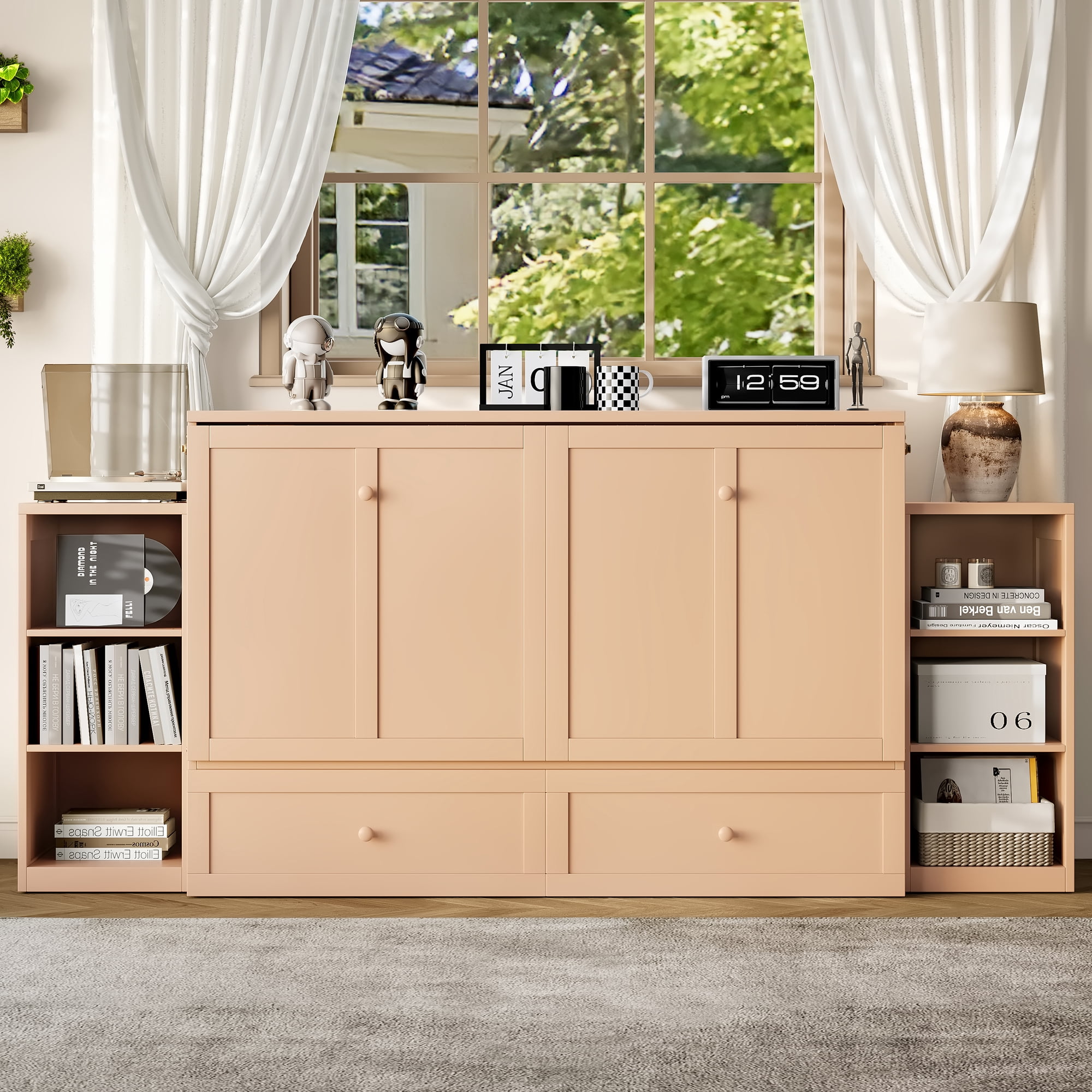Mintazer Queen Size Murphy Bed with 6 Side Shelves & 2 Drawers, Modern Foldable Cabinet Bed for Bedroom Apartment Guest Room, Gold