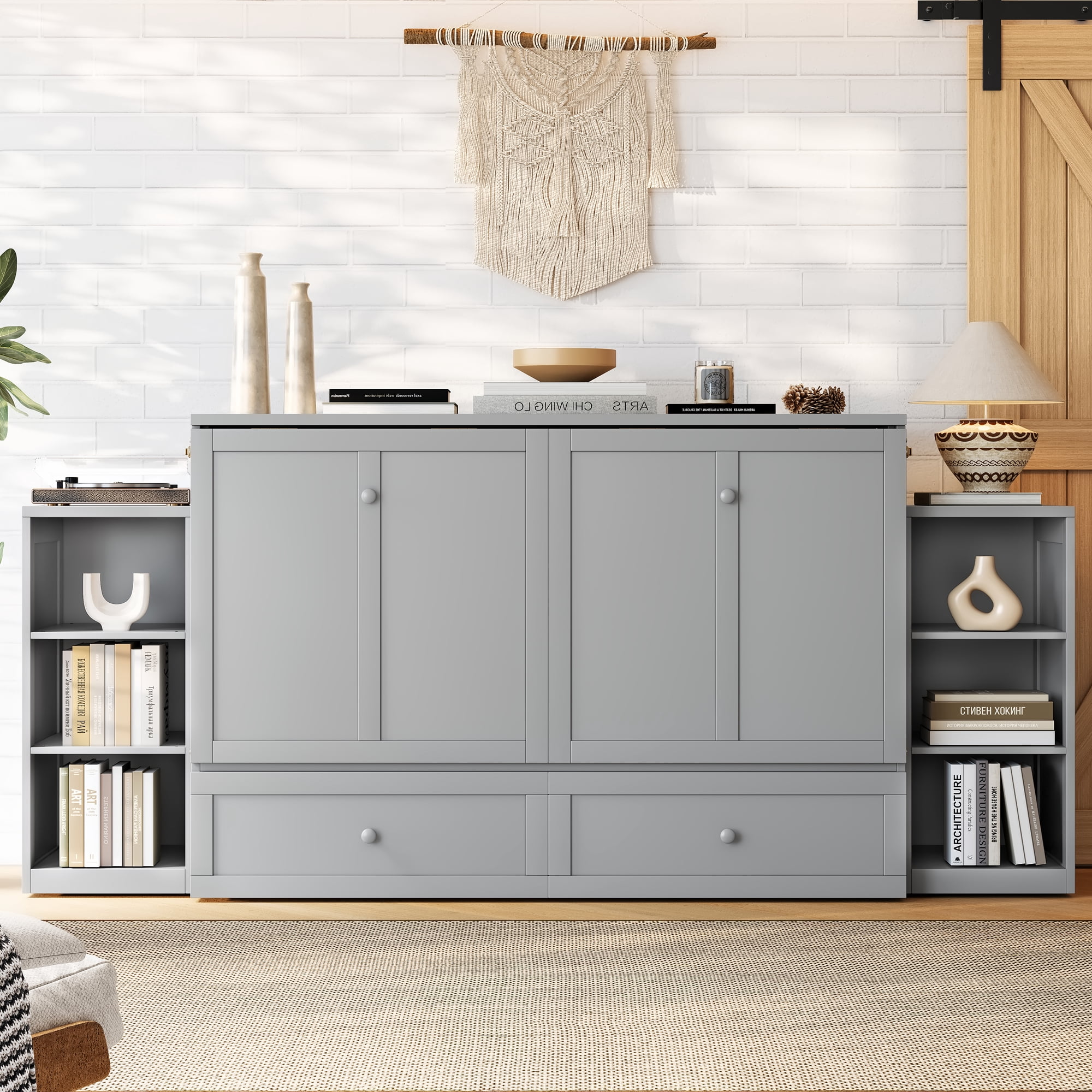 Mintazer Queen Size Murphy Bed with 6 Side Shelves & 2 Drawers, Modern Foldable Cabinet Bed for Bedroom Apartment Guest Room, Gray
