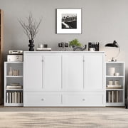 Mintazer Queen Size Murphy Bed with 6 Side Shelves & 2 Drawers, Modern Foldable Cabinet Bed for Bedroom Apartment Guest Room, White