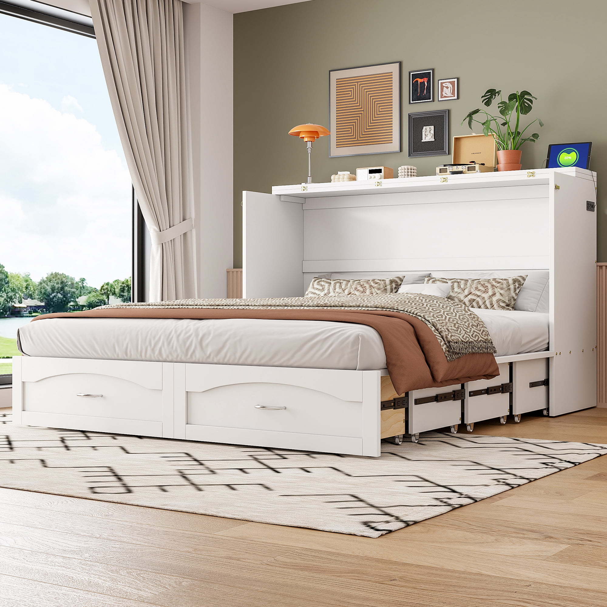 Mintazer Queen Size Murphy Bed with Drawers & Charge Station, Foldable Cabinet Wall Bed for Guest Room Home Office Small Apartment, White