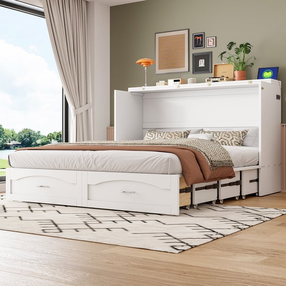 Mintazer Queen Size Murphy Bed with Drawers & Charge Station, Foldable Cabinet Wall Bed for Guest Room Home Office Small Apartment, White