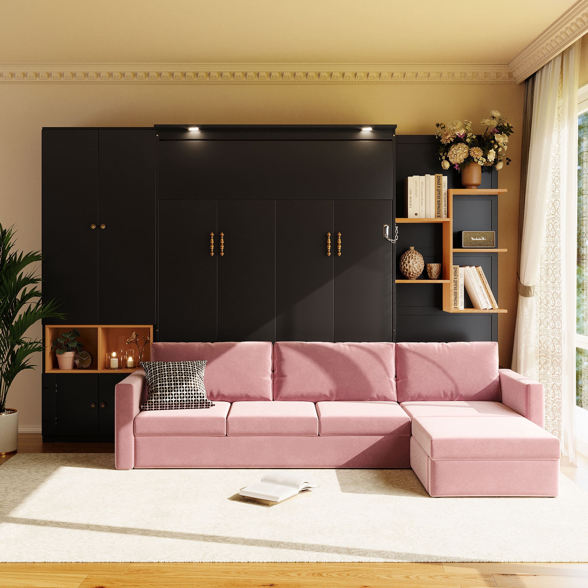 Mintazer Queen Size Murphy Bed with L-Shaped Sofa & Storage, Modern Folding Wall Bed with Lights & Cabinets for Home Office, Black & Pink
