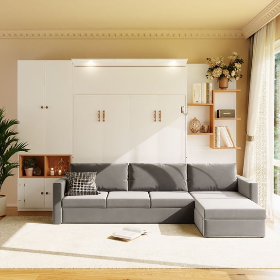 Mintazer Queen Size Murphy Bed with L-Shaped Sofa & Storage, Modern Folding Wall Bed with Lights & Cabinets for Home Office, White & Gray