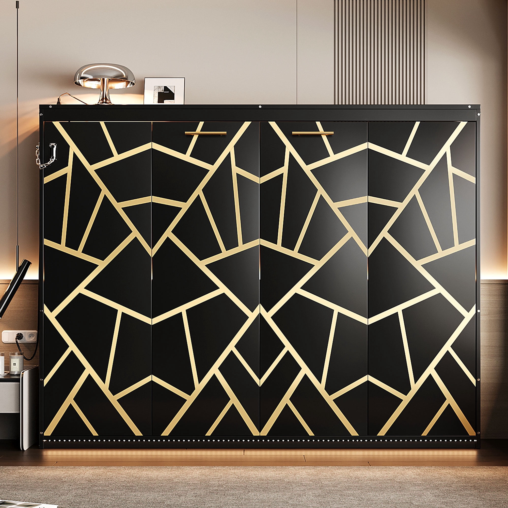 Mintazer Queen Size Murphy Bed with LED Lights & USB Port, Modern Folding Cabinets Bed with Gold Geometric Pattern for Home Office, Black