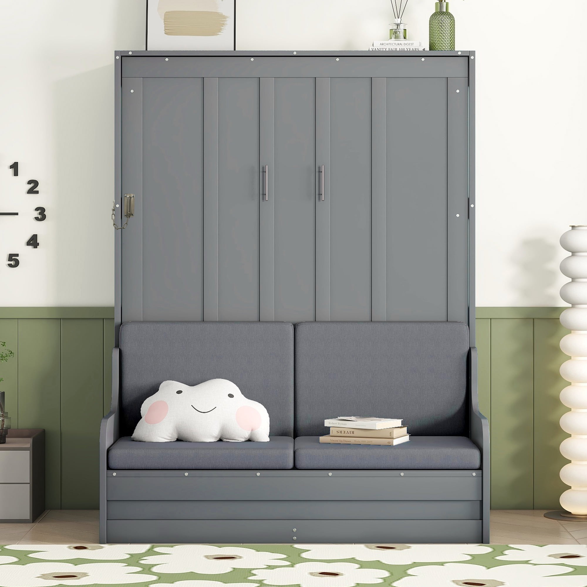 Mintazer Queen Size Murphy Bed with Sofa, Modern Foldable Wall Bed with Cushions for Bedroom Apartment Guest Room, Gray