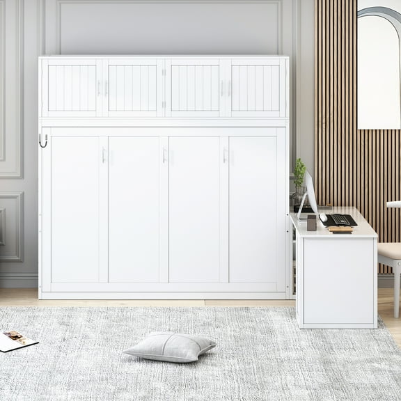 Mintazer Queen Size Murphy Bed with Storage Cabinets & Reversible Desk, Foldable Wall Bed for Guest Room Bedroom Living Room, White