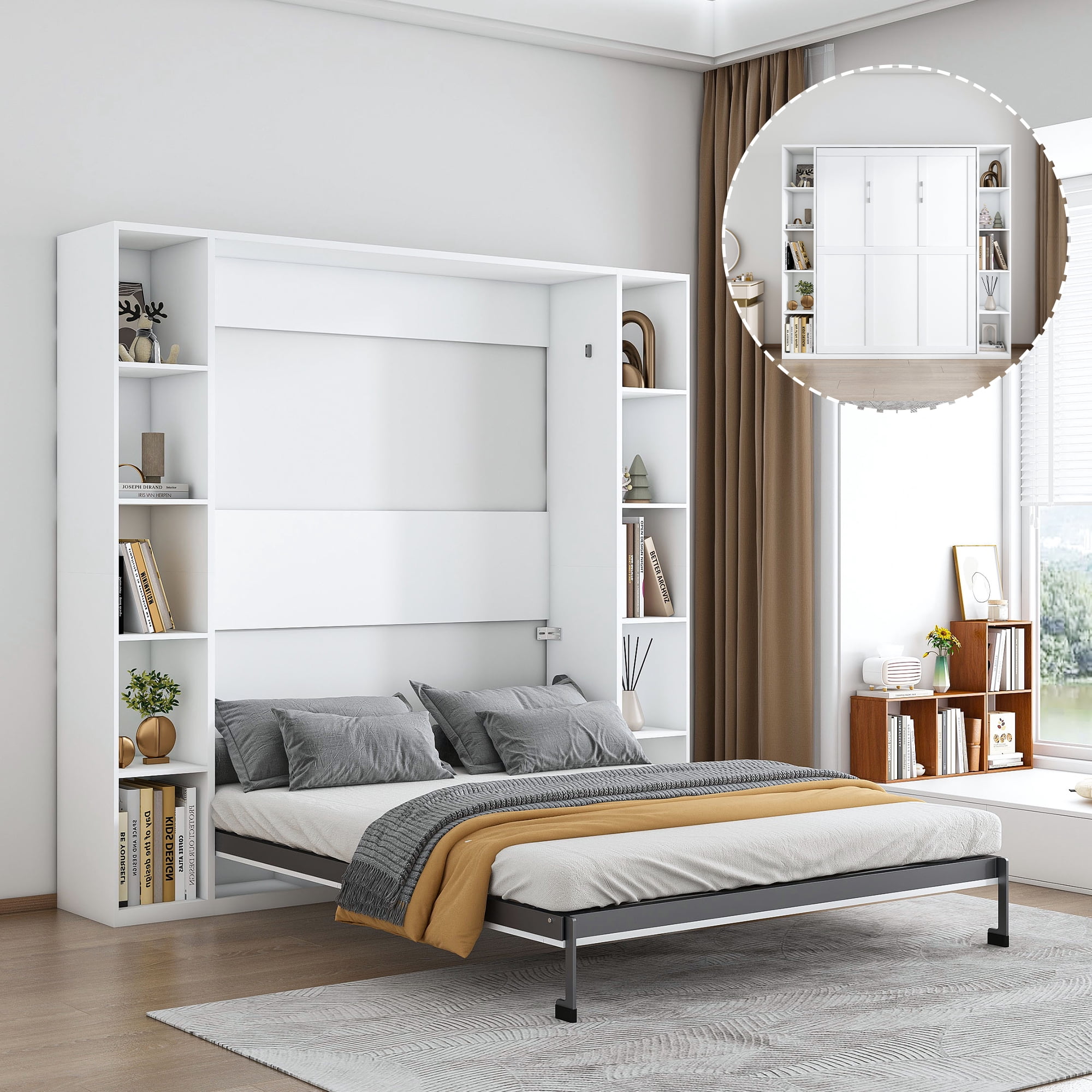 Mintazer Queen Size Murphy Bed with Storage Shelves, Hidden Foldable Wall Bed Frame with Wall Cabinet for Bedroom Guest Room, White