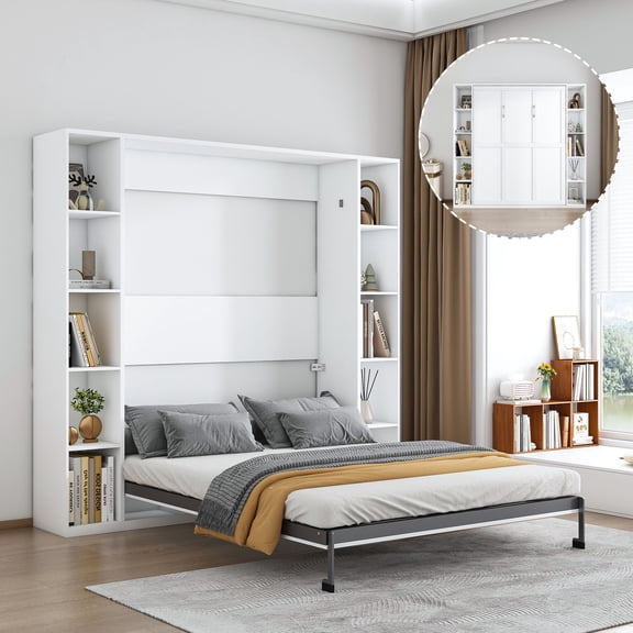 Mintazer Queen Size Murphy Bed with Storage Shelves, Hidden Foldable Wall Bed Frame with Wall Cabinet for Bedroom Guest Room, White