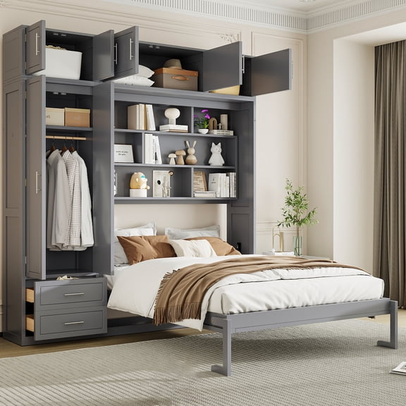 Mintazer Queen Size Murphy Wall Bed with Cabinets & Open Bookshelf, All-in-One Foldable Cabinet Bed with Side Wardrobe & 2 Storage Drawers for Small Apartment Guest Room Home Office, Gray