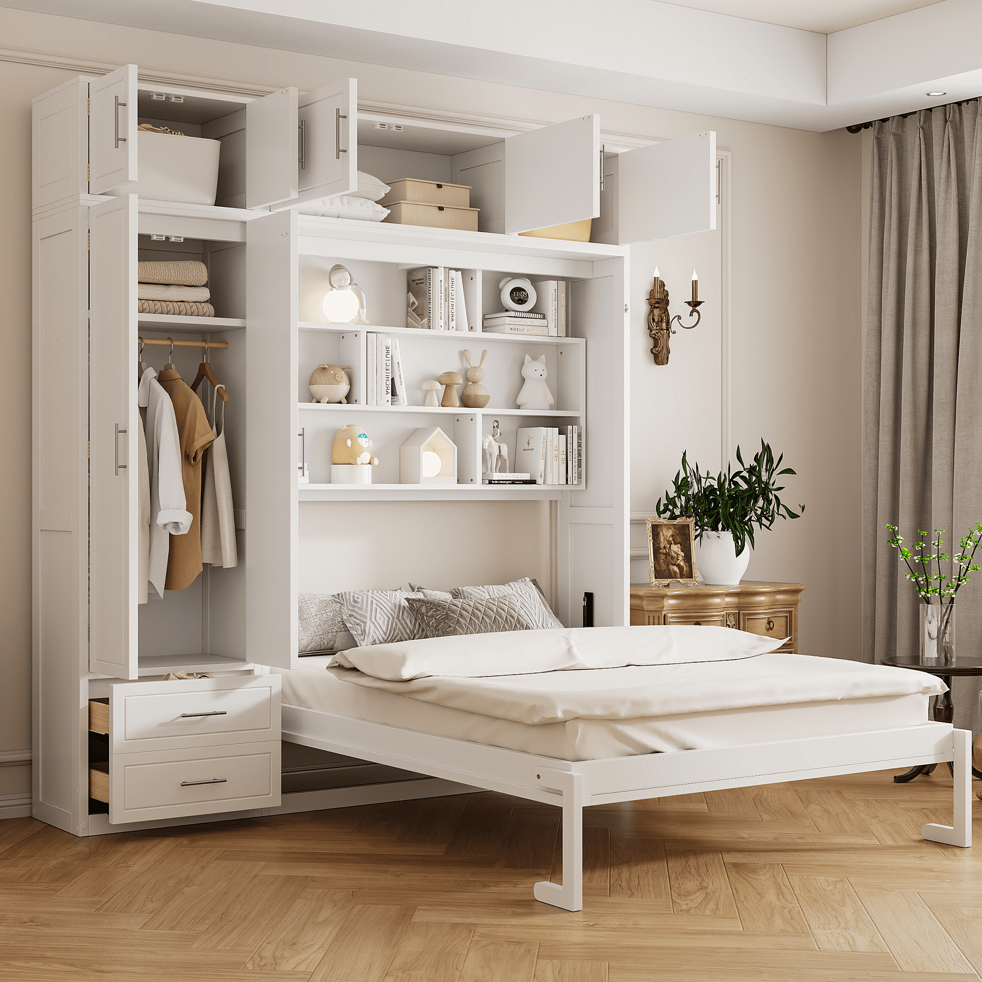 Mintazer Queen Size Murphy Wall Bed with Cabinets & Open Bookshelf, All-in-One Foldable Cabinet Bed with Side Wardrobe & 2 Storage Drawers for Small Apartment Guest Room Home Office, White