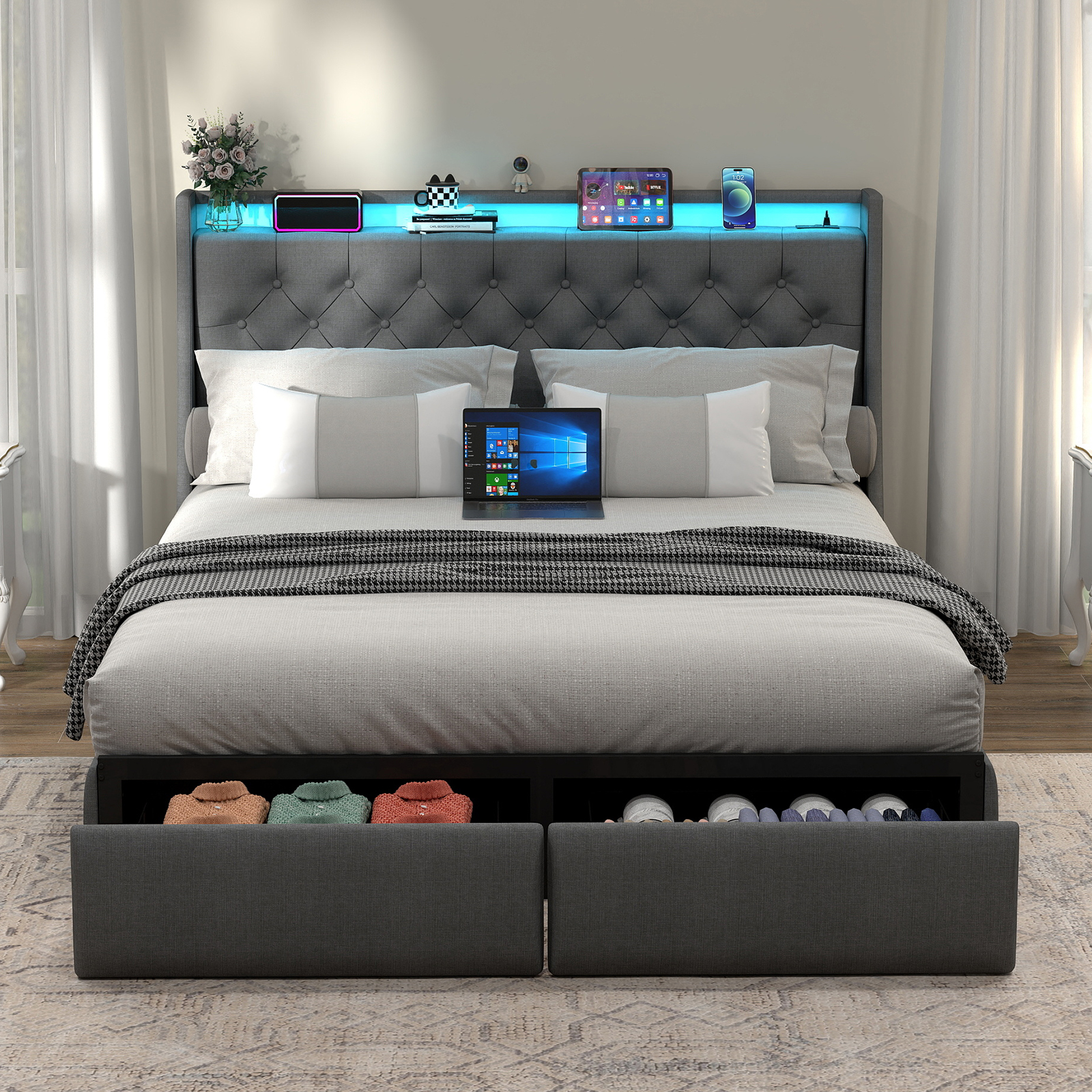 Mintazer Queen Size Tufted Upholstered Storage Bed Frame with LED Light & Charging Station, Platform Bed Frame with 2 Foot Drawers, No Box Spring Required, Grey