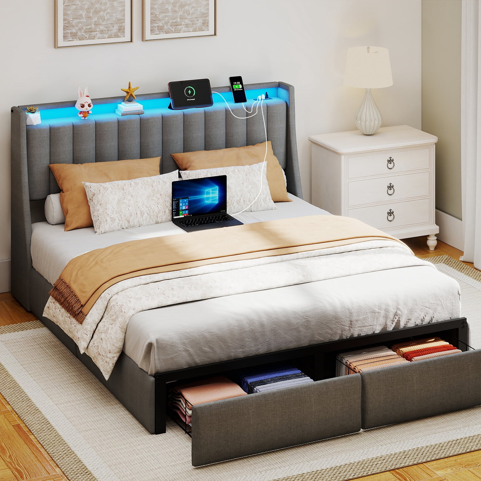 Mintazer Queen Size Tufted Upholstered Storage Bed Frame with LED Light & Charging Station, Platform Bed Frame with 2 Foot Drawers, No Box Spring Required, Grey
