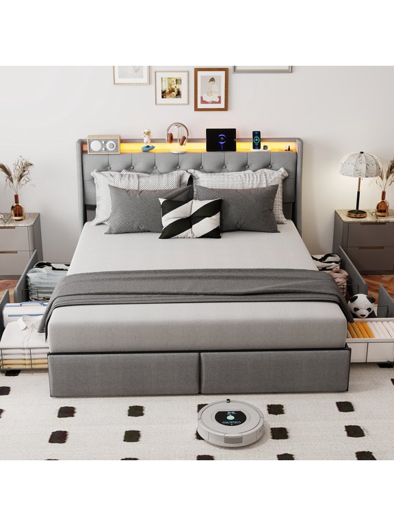Queen Size Tufted Upholstered Storage Bed Frame with LED Light & Charging Station, Platform Bed Frame with 4 Drawers, No Box Spring Required, Grey