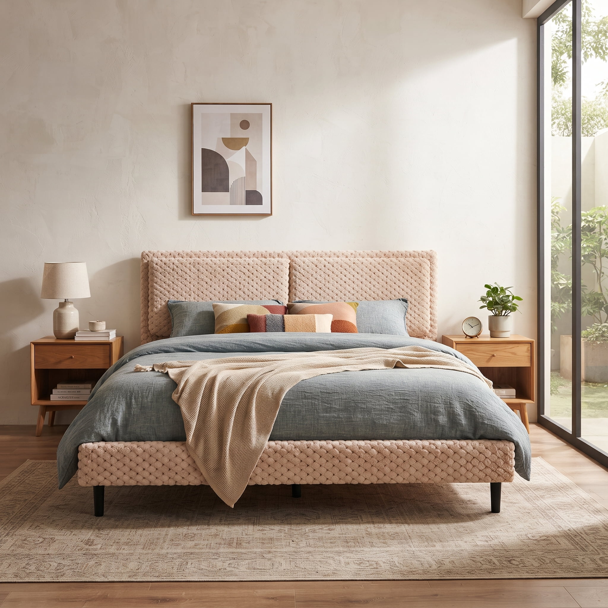 Mintazer Queen Size Upholstered Platform Bed Frame with Wingback Headboard, Textured Plush Fabric Bed with Metal Support, No Box Spring Needed, Camel