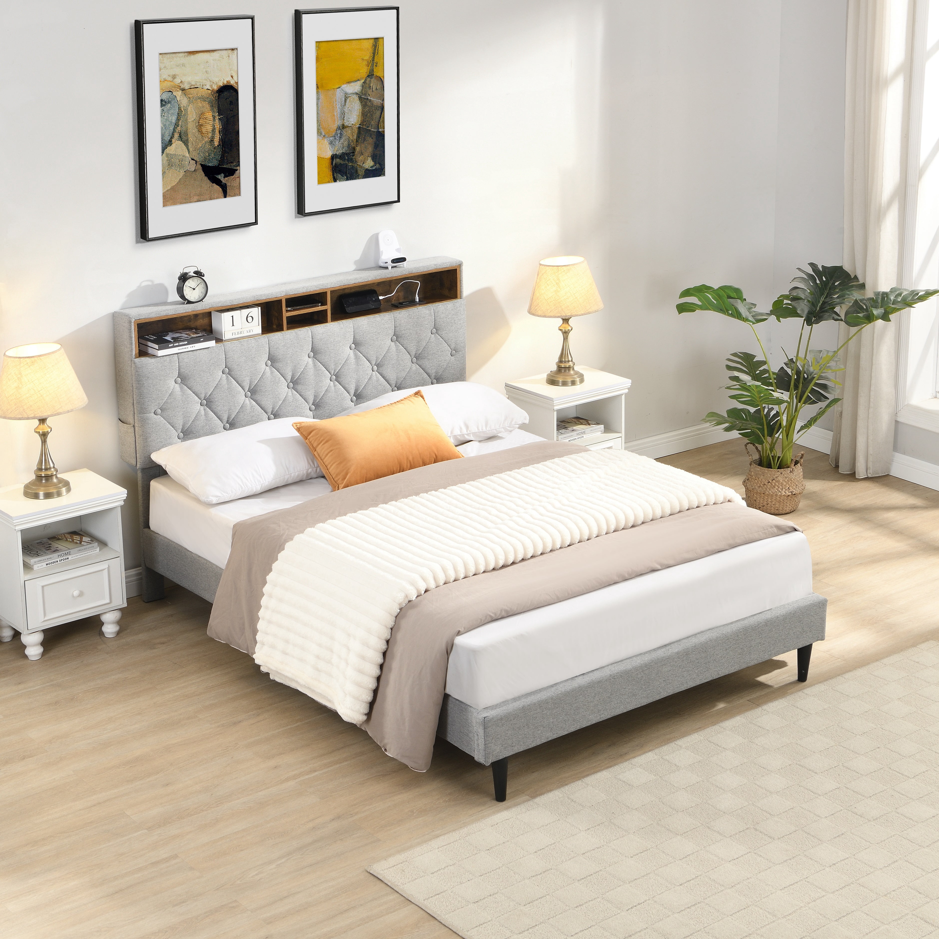 Mintazer Queen Size Upholstered Platform Bed with USB Charging Ports & Two Side Storage Pockets, No Box Spring Needed, Light Gray