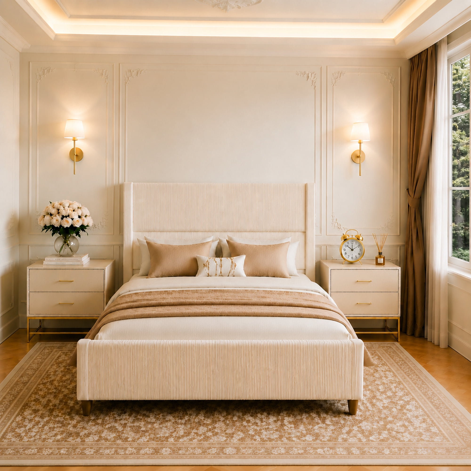 Mintazer Queen Size Upholstered Wingback Platform Bed Frame with Padded Headboard, Vertical Channel Tufted Corduroy Bed for Bedroom, No Box Spring Needed, Beige