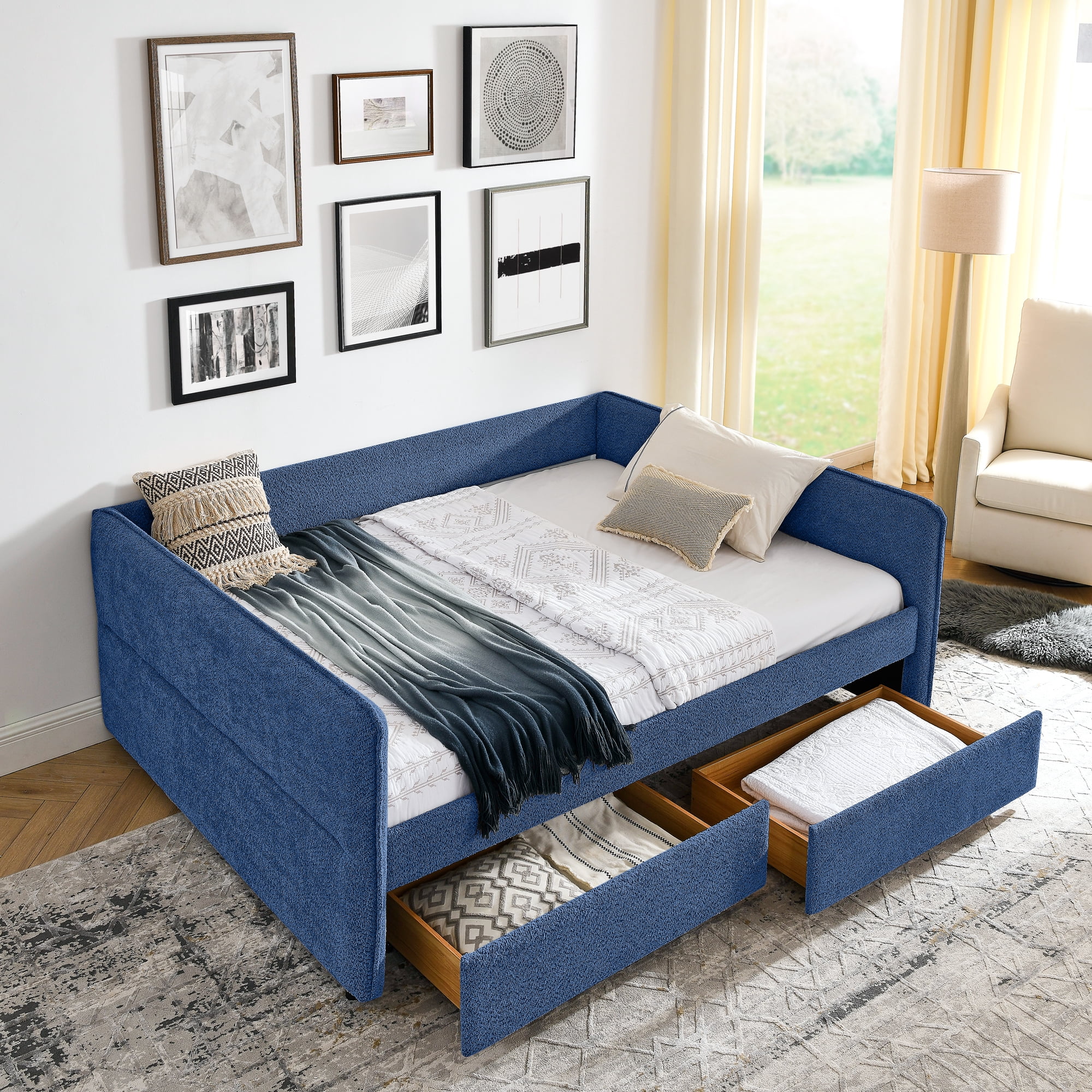 Mintazer Queen Upholstered Daybed with 2 Storage Drawers, Modern Sofa Bed for Living Room & Bedroom, Blue