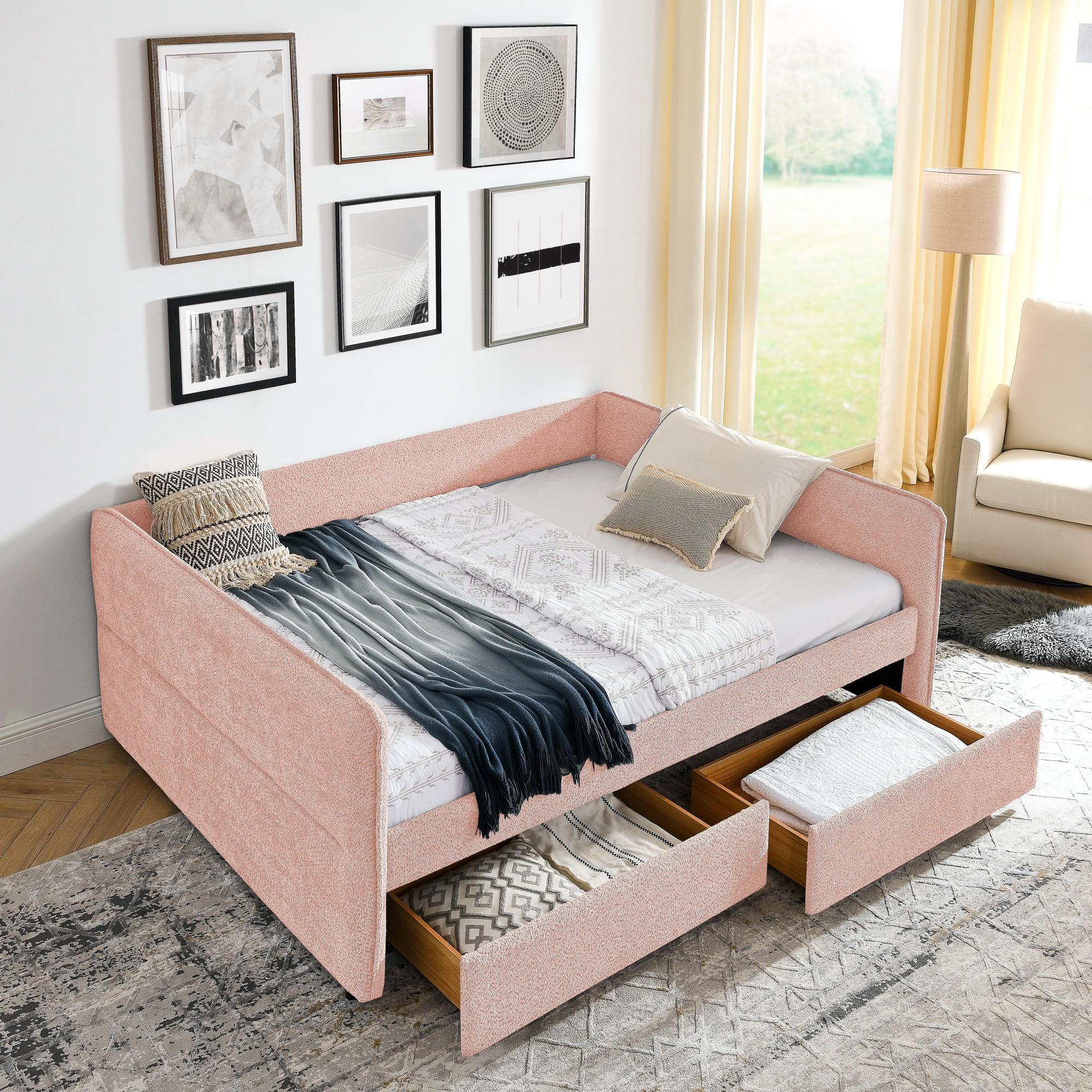 Mintazer Queen Upholstered Daybed with 2 Storage Drawers, Modern Sofa Bed for Living Room & Bedroom, Pink