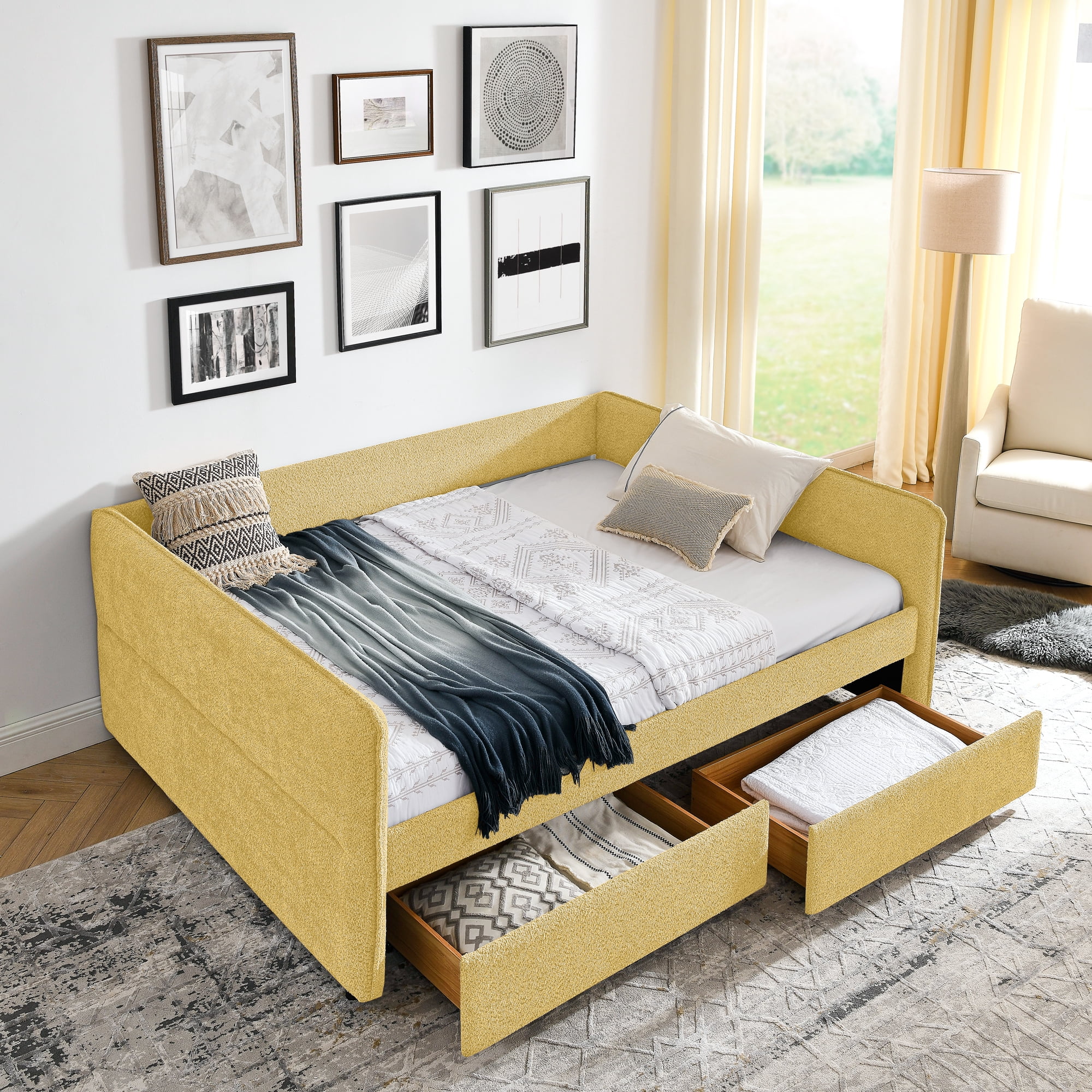 Mintazer Queen Upholstered Daybed with 2 Storage Drawers, Modern Sofa Bed for Living Room & Bedroom, Yellow