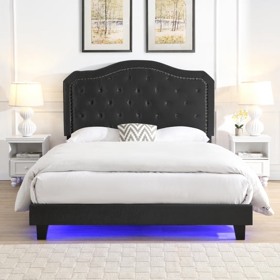 Mintazer Queen Upholstered Platform Bed with Rivet Trim & Curve Design, Tufted Velvet Bed Frame with LED Lights, Black