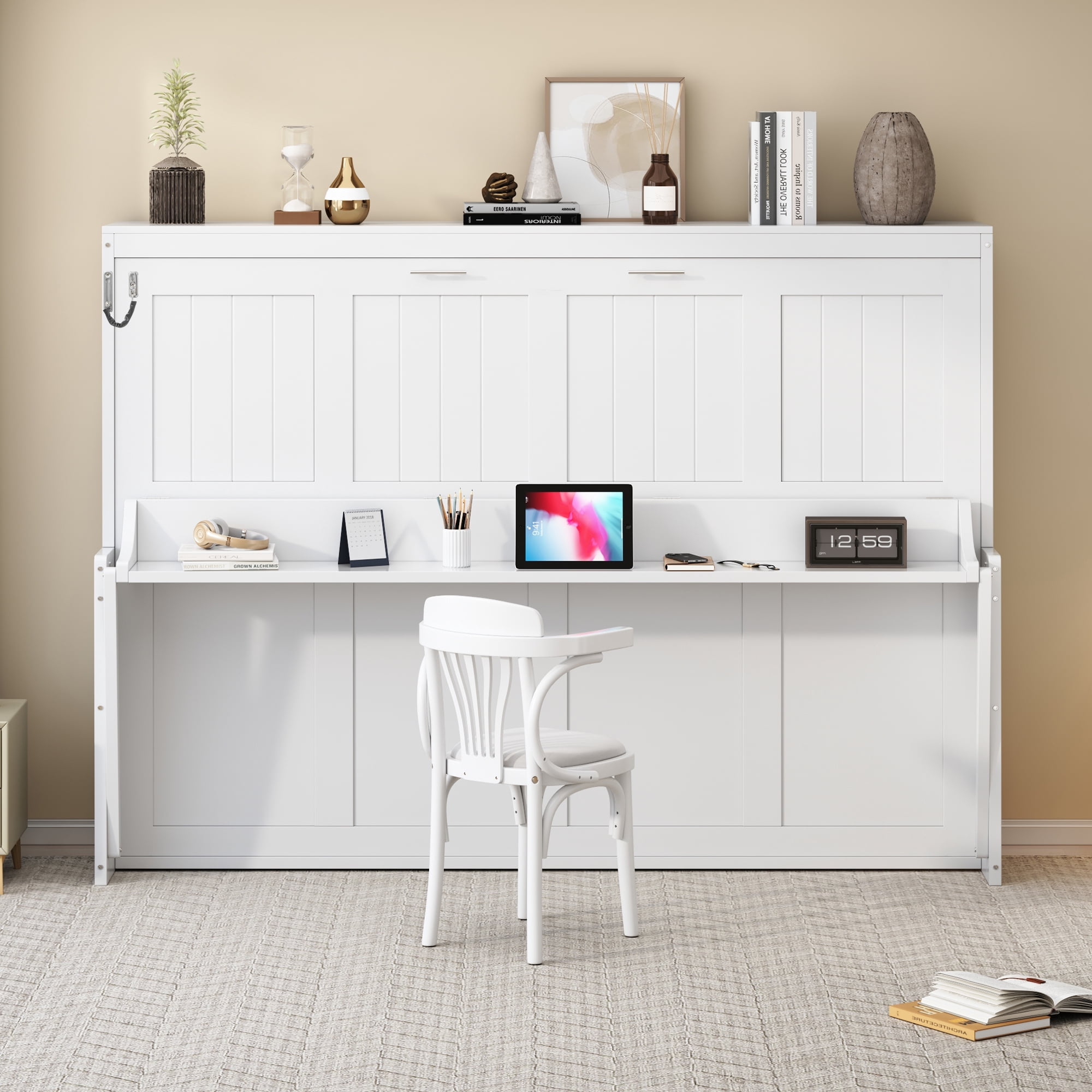 Mintazer Queen Wall Murphy Bed with Desk & Hydraulic Lift, Multifunctional Foldable Desk Bed for Small Spaces Apartments, White
