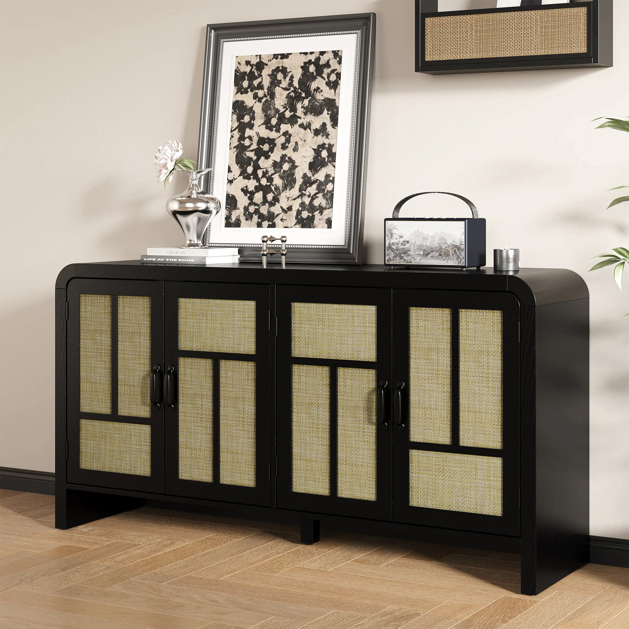 Mintazer Rattan Sideboard Buffet Cabinet with Storage, 59'' Large Boho Storage Cabinet with Adjustable Shelves for Kitchen, Entryway, Dining Room, Living Room, Black