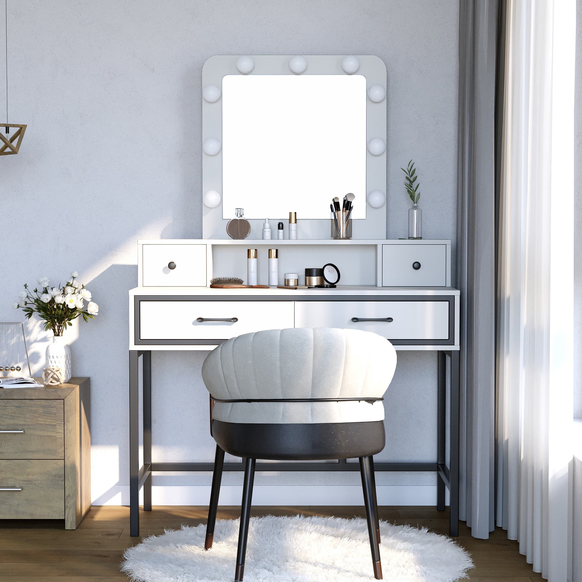 Mintazer Rustic Vanity Desk with Hollywood LED Lighted & Mirror, Makeup Dressing Table with 4 Drawers for Women Girls, White