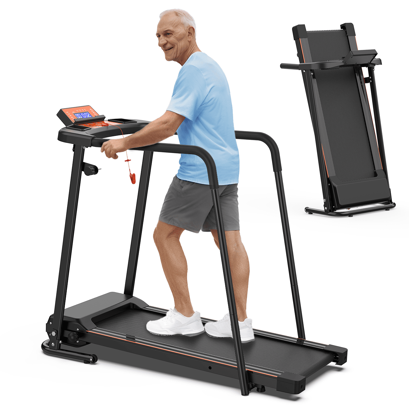 Mintazer Senior-Friendly Smart Treadmill with Safety Handrails, 2.5 HP Folding Walking Treadmill with Fitshow App, Black