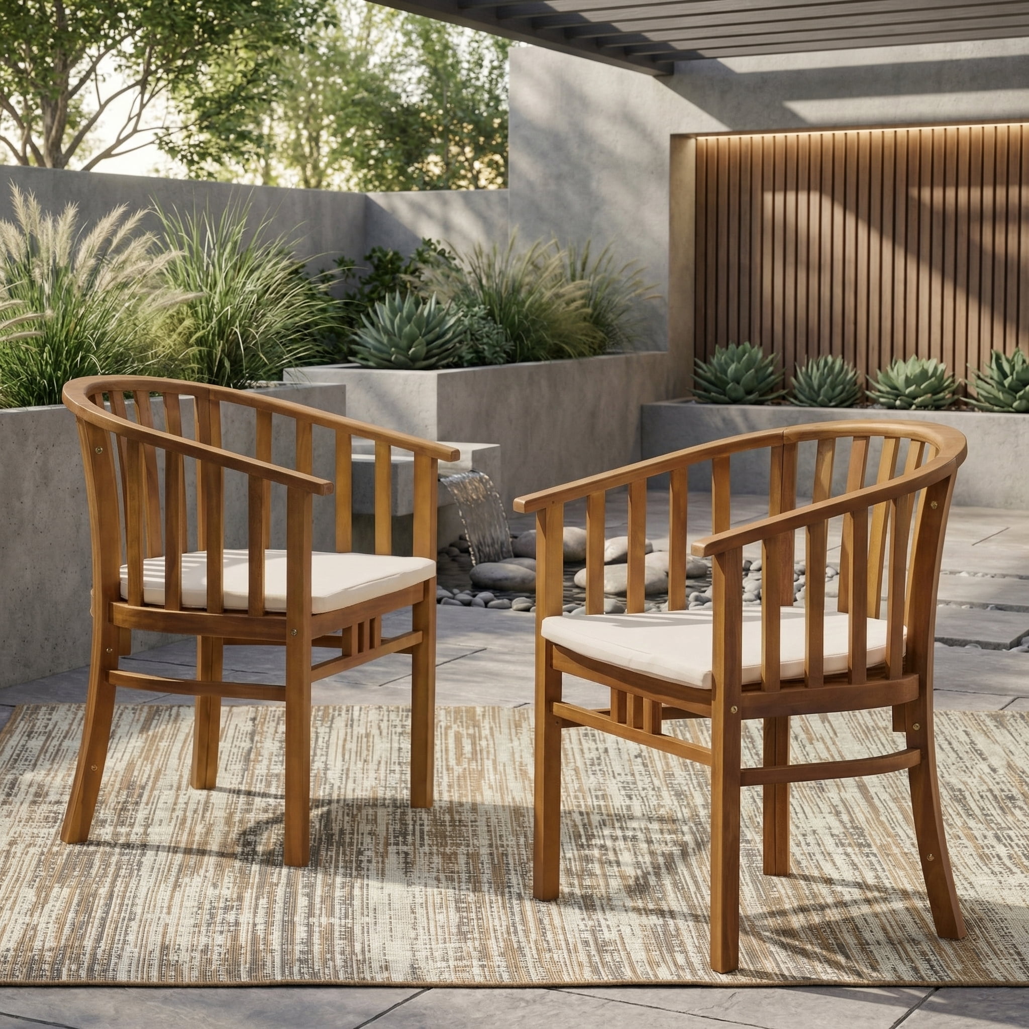 Mintazer Set of 2 Curved Outdoor Arm Chairs, Patio Dining Chairs with Water-Resistant Beige Cushioned, Natural