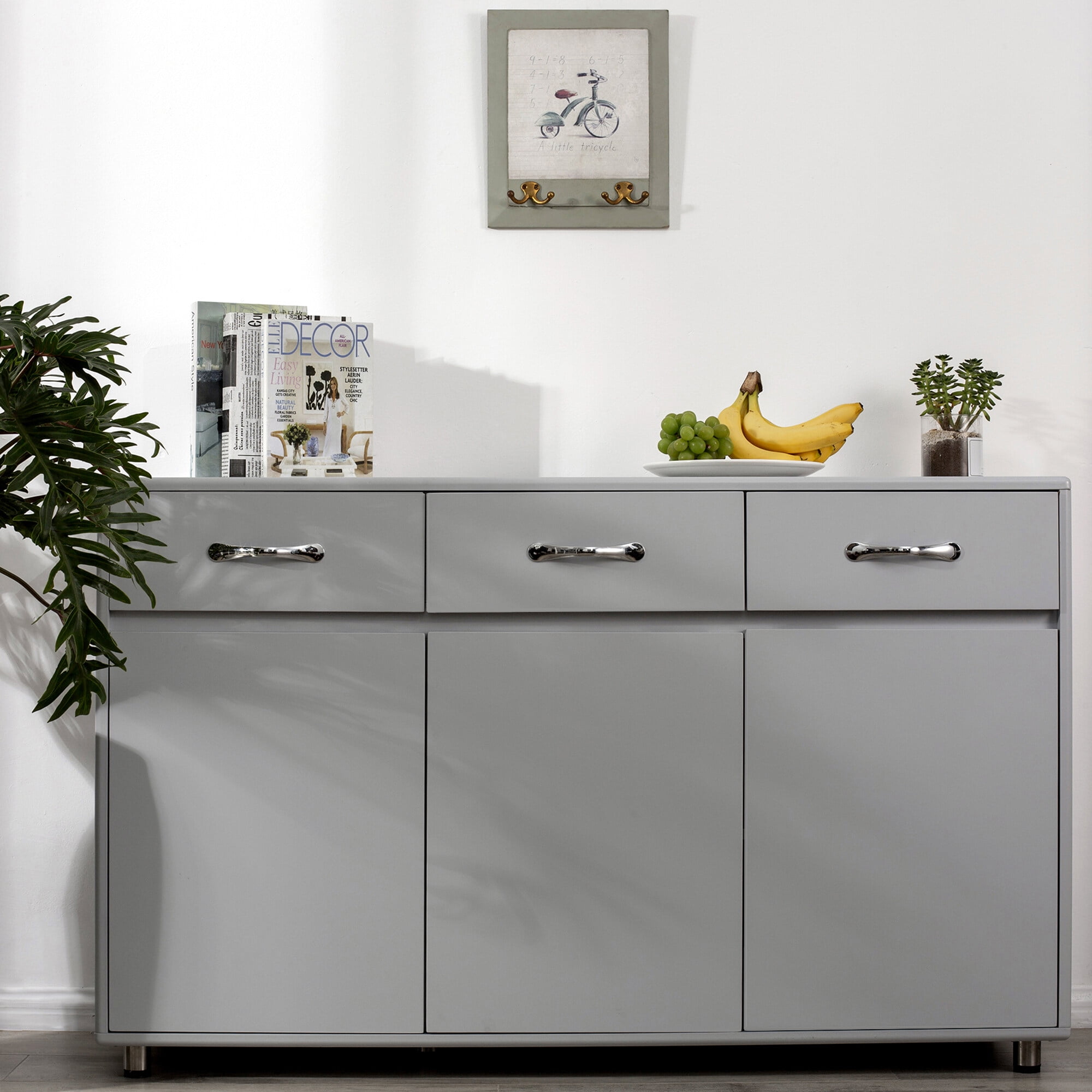 Mintazer Sideboard Buffet Cabinet with 3 Drawers & 3 Doors, Modern Storage Credenza with Adjustable Shelves for Kitchen Dining Room Living Room, Grey