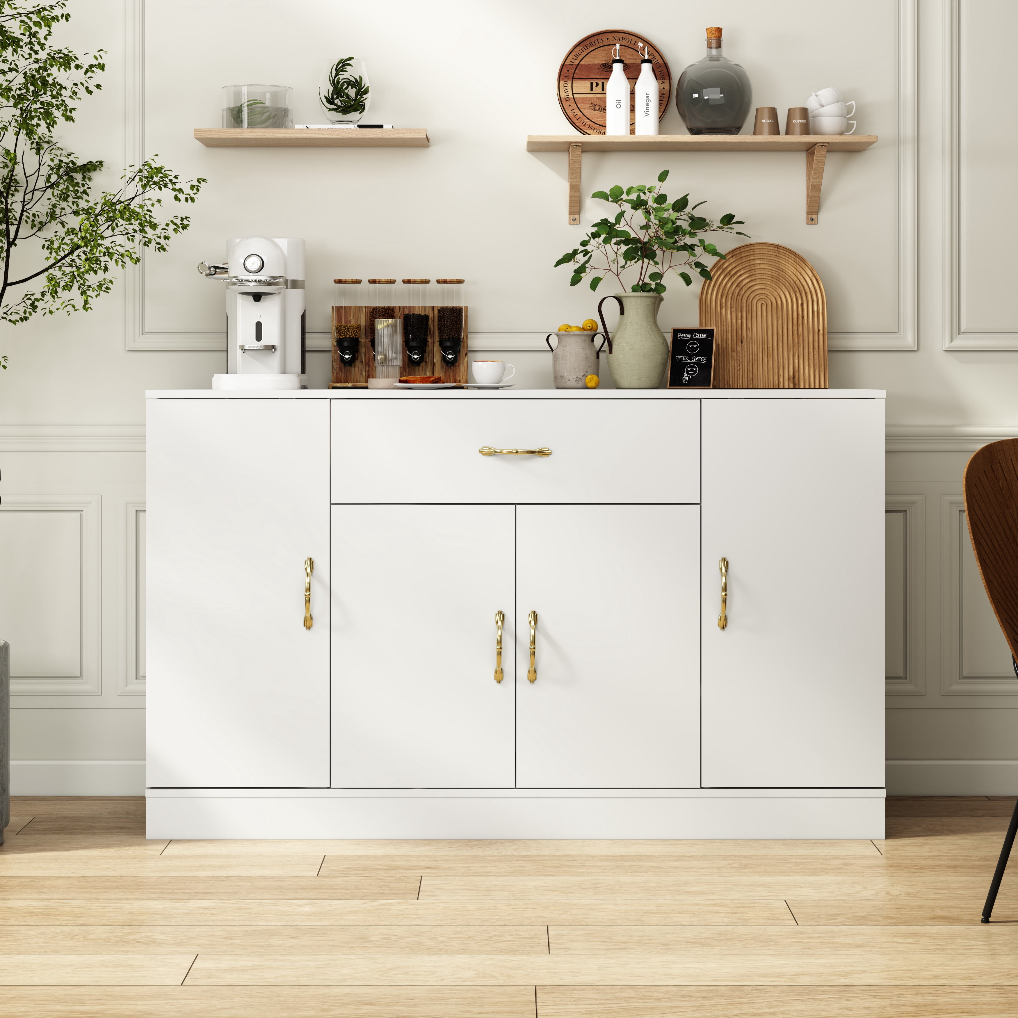 Mintazer Sideboard Buffet Cabinet with 4 Door, Storage Credenza with Drawer & Gold Metal Handles for Dining Room Entryway Living Room, White