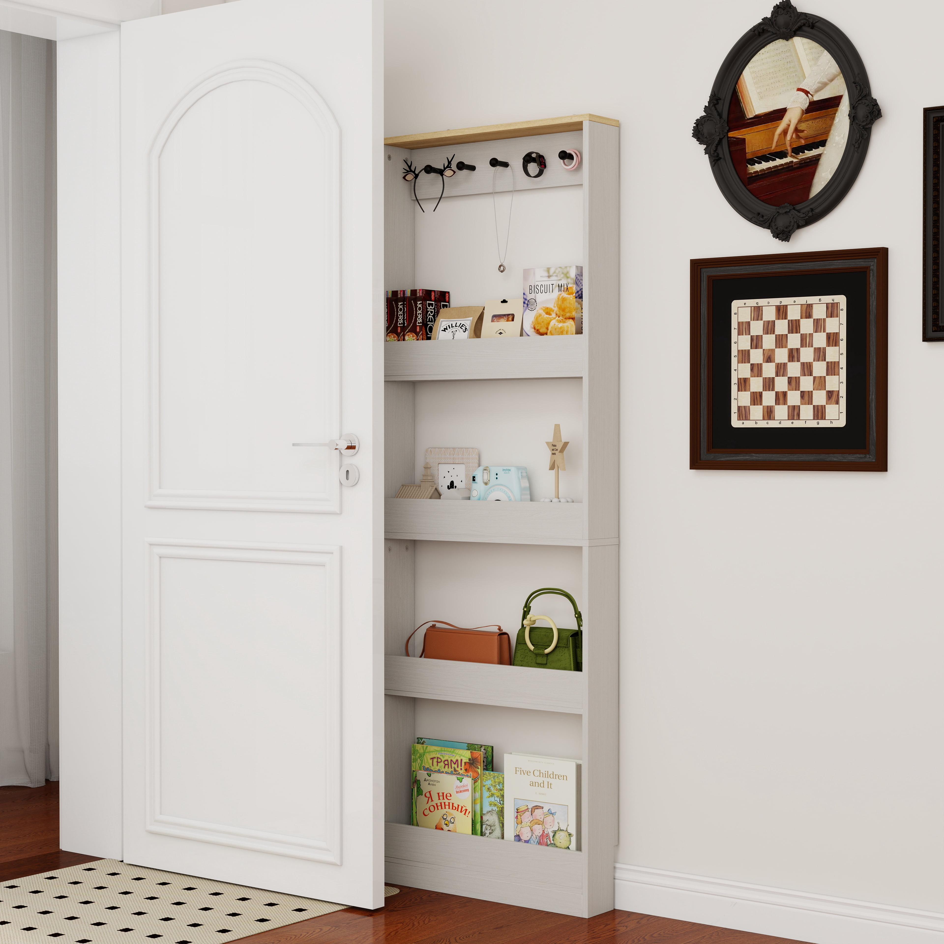 Mintazer Slim Behind Door Storage Bookshelf, 4 Tier Narrow Display Rack with 5 Hooks, Freestanding Organizer Cabinet for Entryway Living Room Bedroom, White