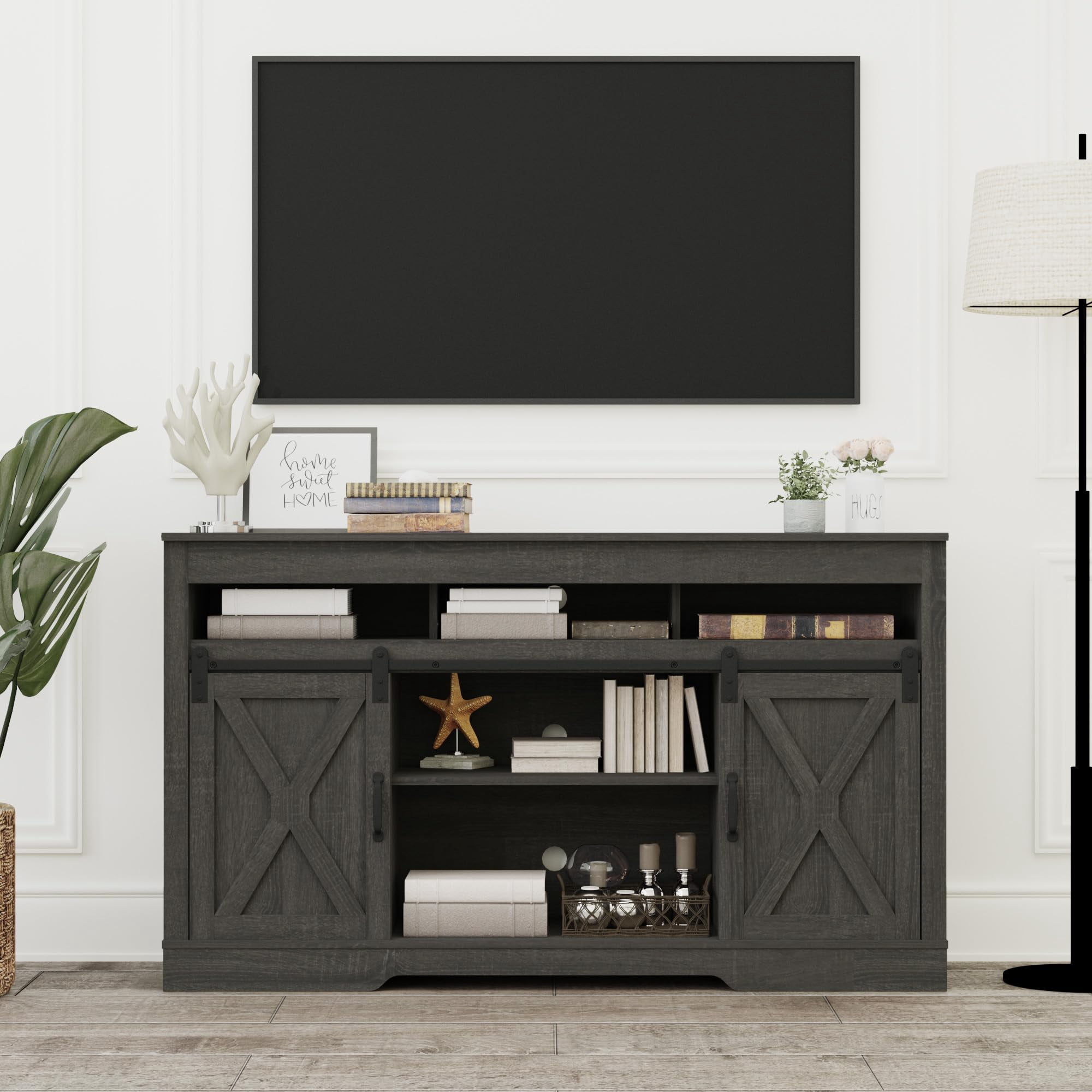 Mintazer TV Stand with Sliding Barn Door for TVs up to 65", Farmhouse Entertainment Center Media Console Storage Cabinet for Bedroom, Living Room, Gray