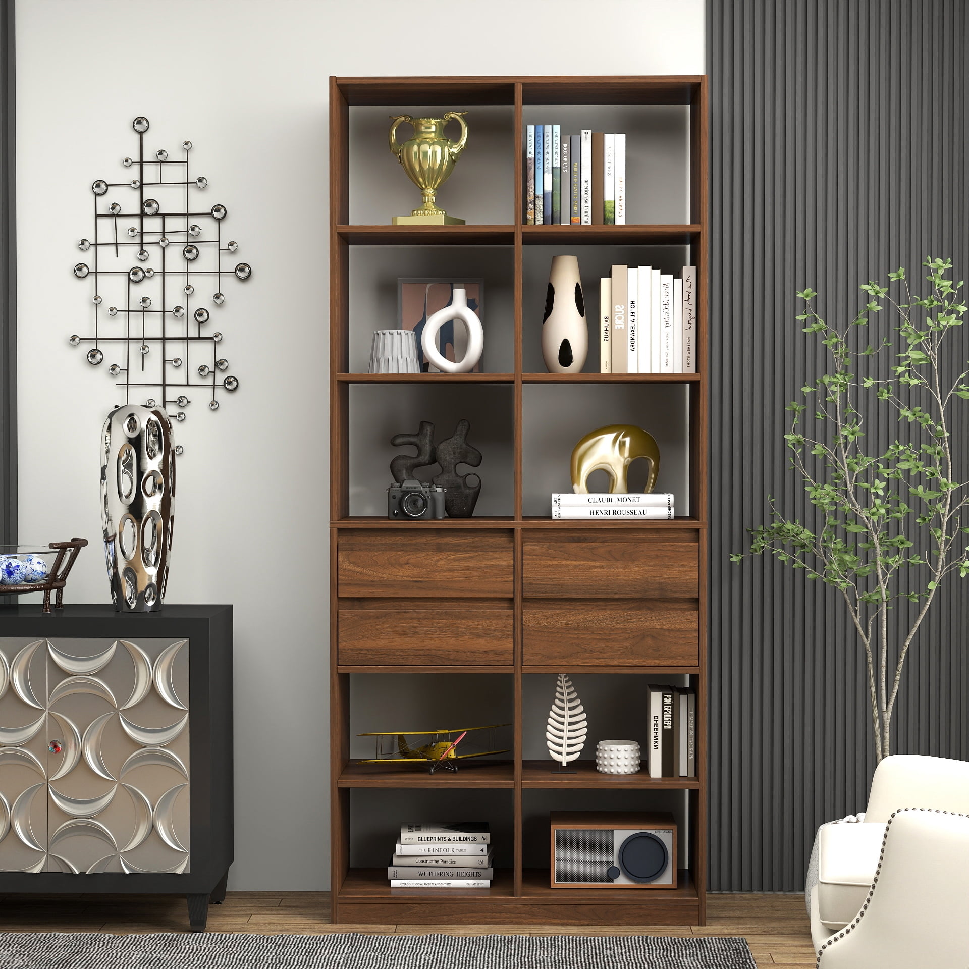 Mintazer Tall Bookcase with 10 Open Cubbies, Freestanding Bookshelf with 4 Storage Drawers, Multi‑Purpose Display Cabinet for Living Room Bedroom Home Office, Walnut Brown