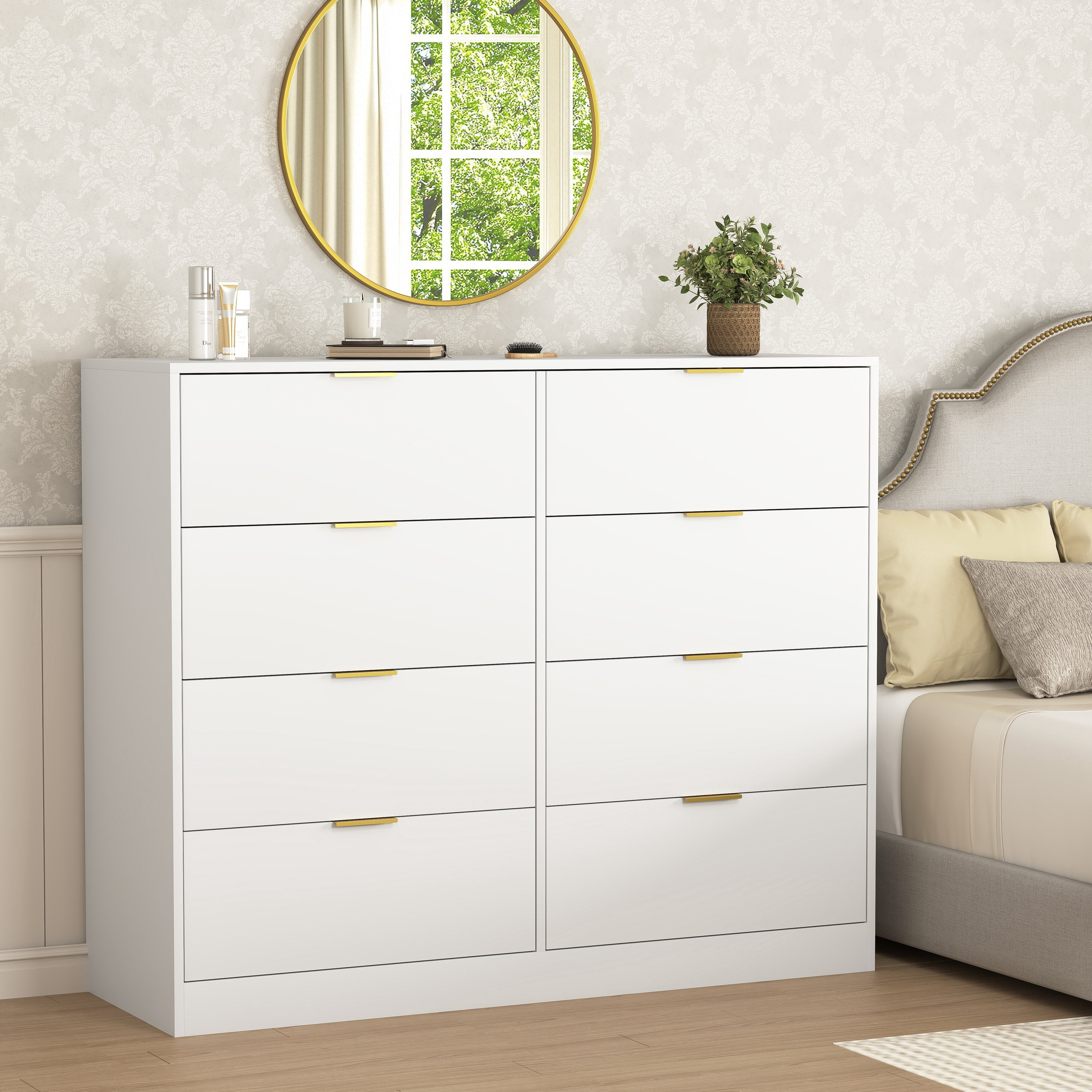 Mintazer Tall Dresser with 8 Drawers, Storage Chest of Drawers with Gold Metal Handles for Entryway Bedroom Living Room Hallway, White