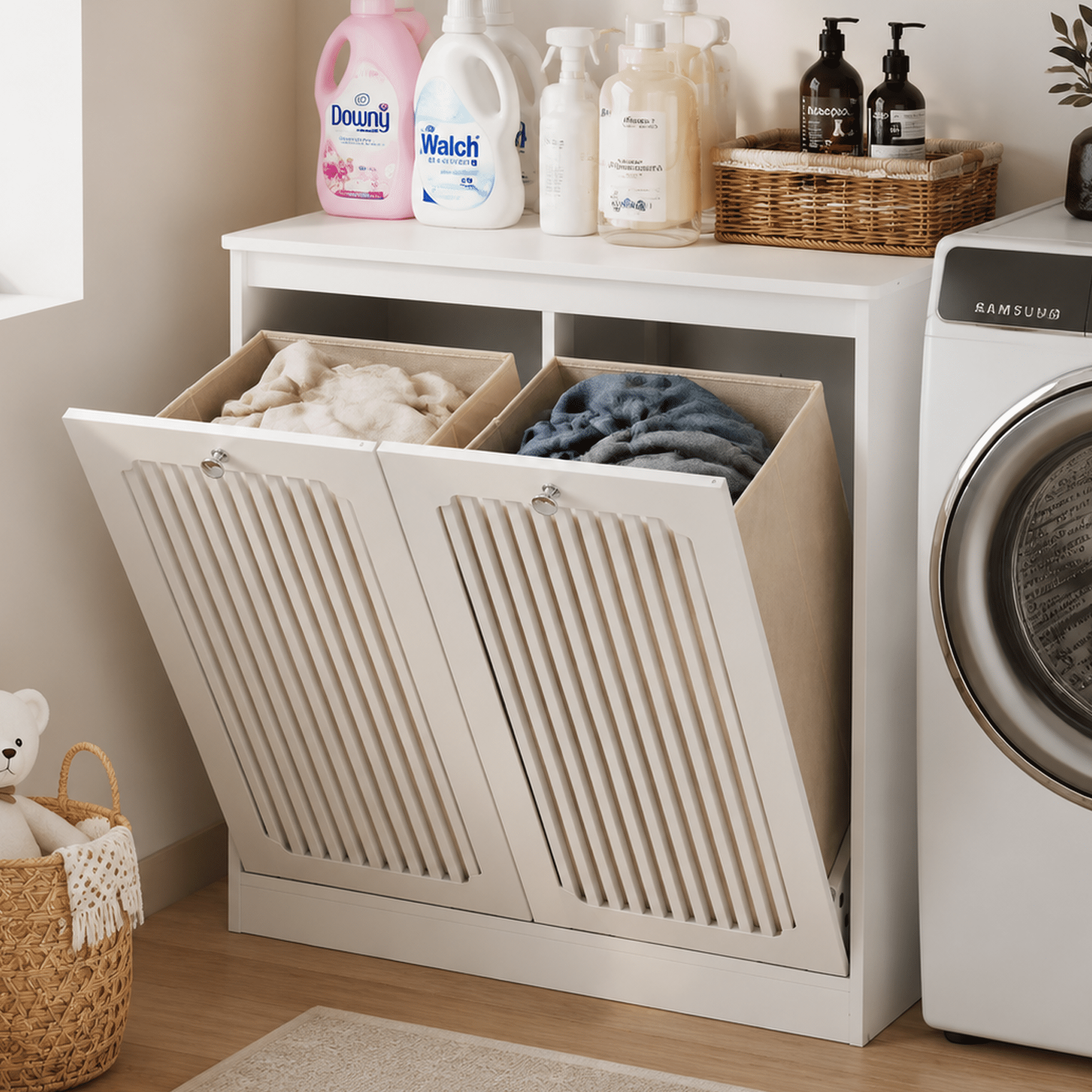 Mintazer Tilt-Out Double Bin Laundry Hamper Cabinet with Louvered, Laundry Sorter Storage Cabinet with 2 Removable 30L Fabric Hampers for Laundry Room Balcony Bathroom, White