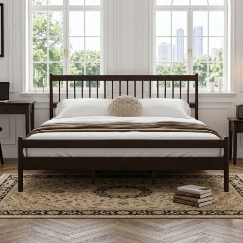 Mintazer Traditional King Size Platform Bed with Headboard and Footboard, Vintage Headboard Bed Frame for Bedroom, Brown