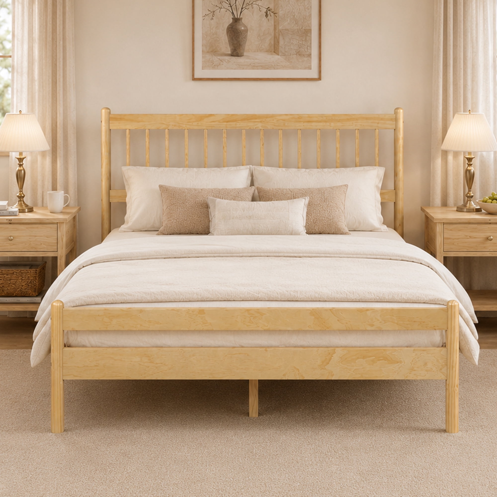 Mintazer Traditional Queen Size Platform Bed with Headboard and Footboard, Vintage Headboard Bed Frame for Bedroom, Natural