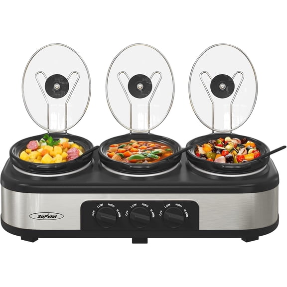 Mintazer Triple Slow Cooker Buffet Server, 3 x 1.5 QT Individual Ceramic Pots, Independent 3 Heat Settings, Tempered Glass Lids & Serving Spoons for Party Catering, Silver
