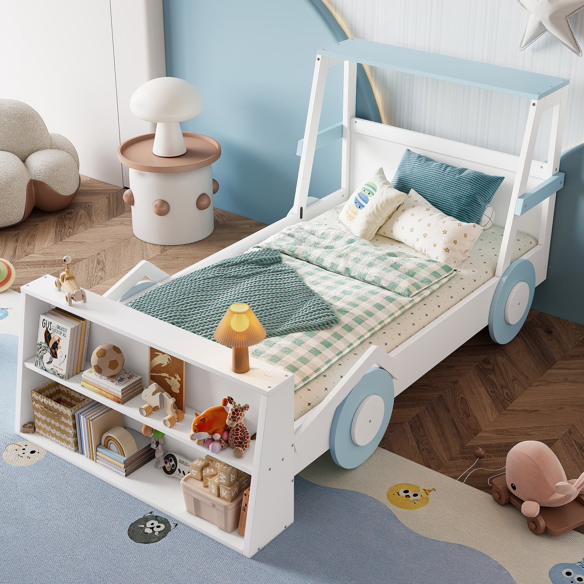 Mintazer Twin Car-Shaped Bed with Storage Shelves, Kids Platform Bed with Safety Rails for Toddler Bedroom, White & Blue